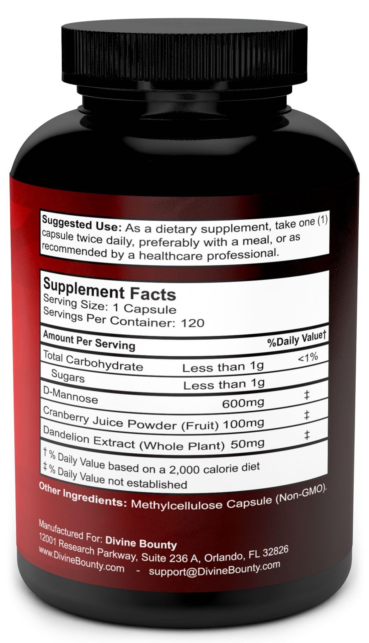 Divine Bounty acercamiento a cápsula vegetal destacando 600 mg por dosis