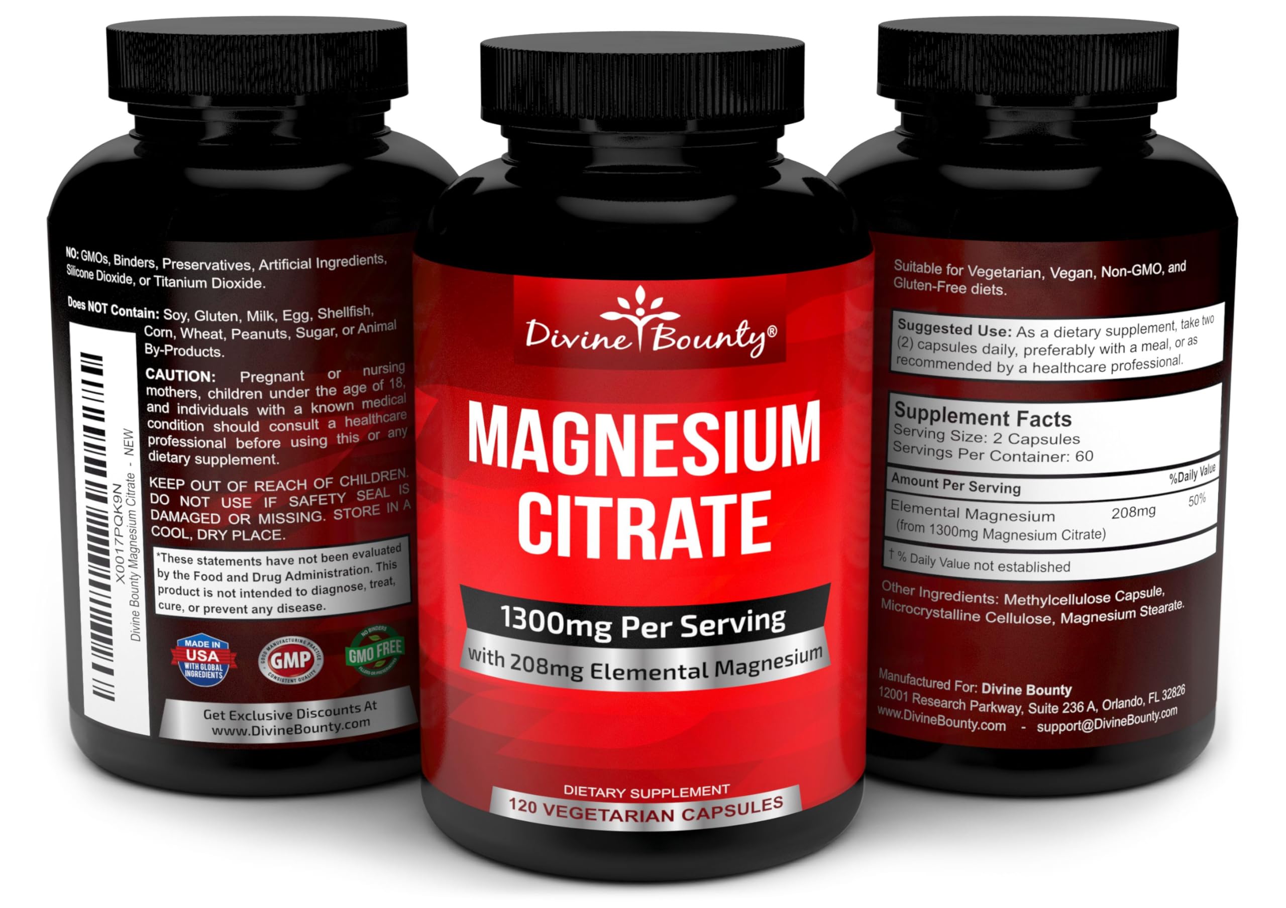 Divine Bounty etiqueta con información nutricional y contenido de magnesio elemental