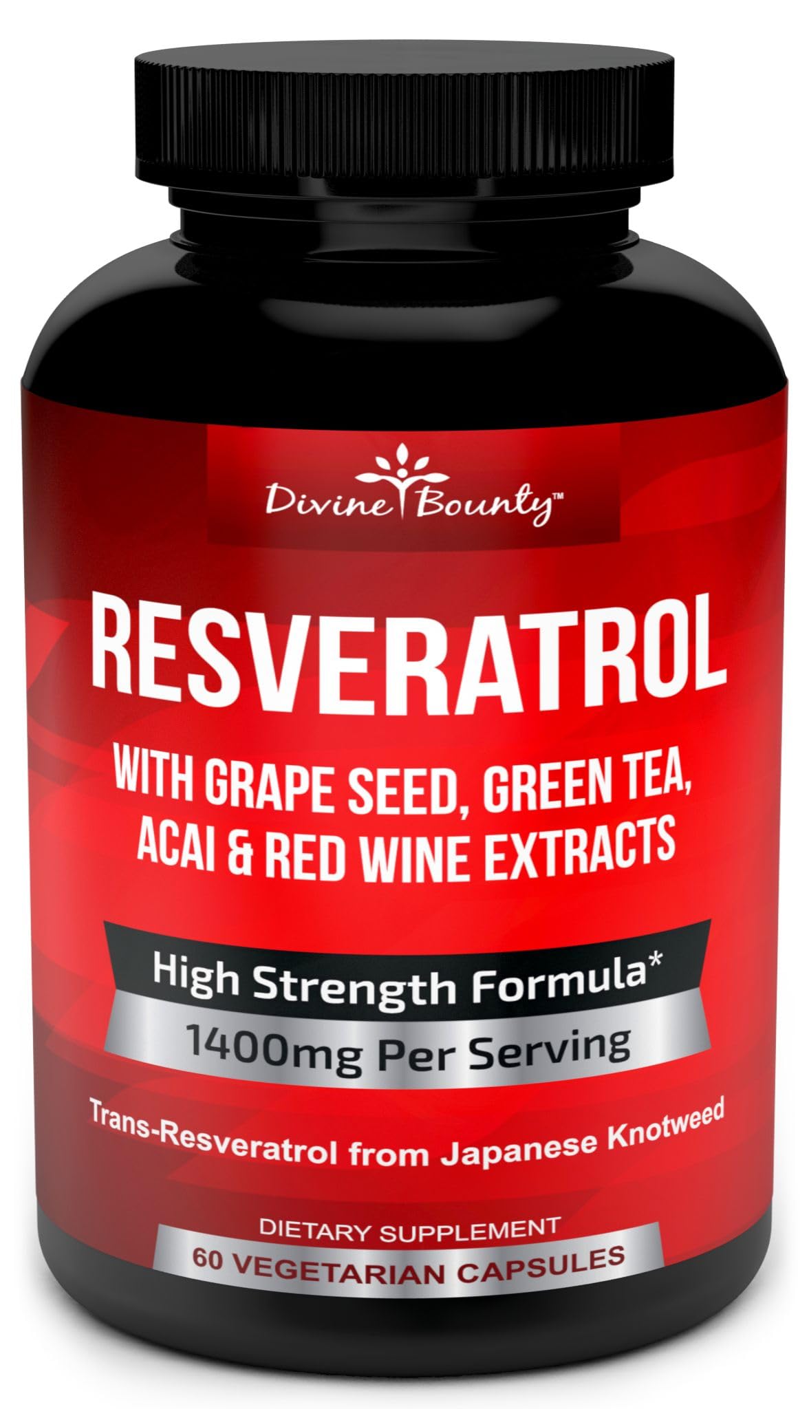 Divine Bounty frasco frontal mostrando 60 cápsulas vegetales y beneficio de alta concentración