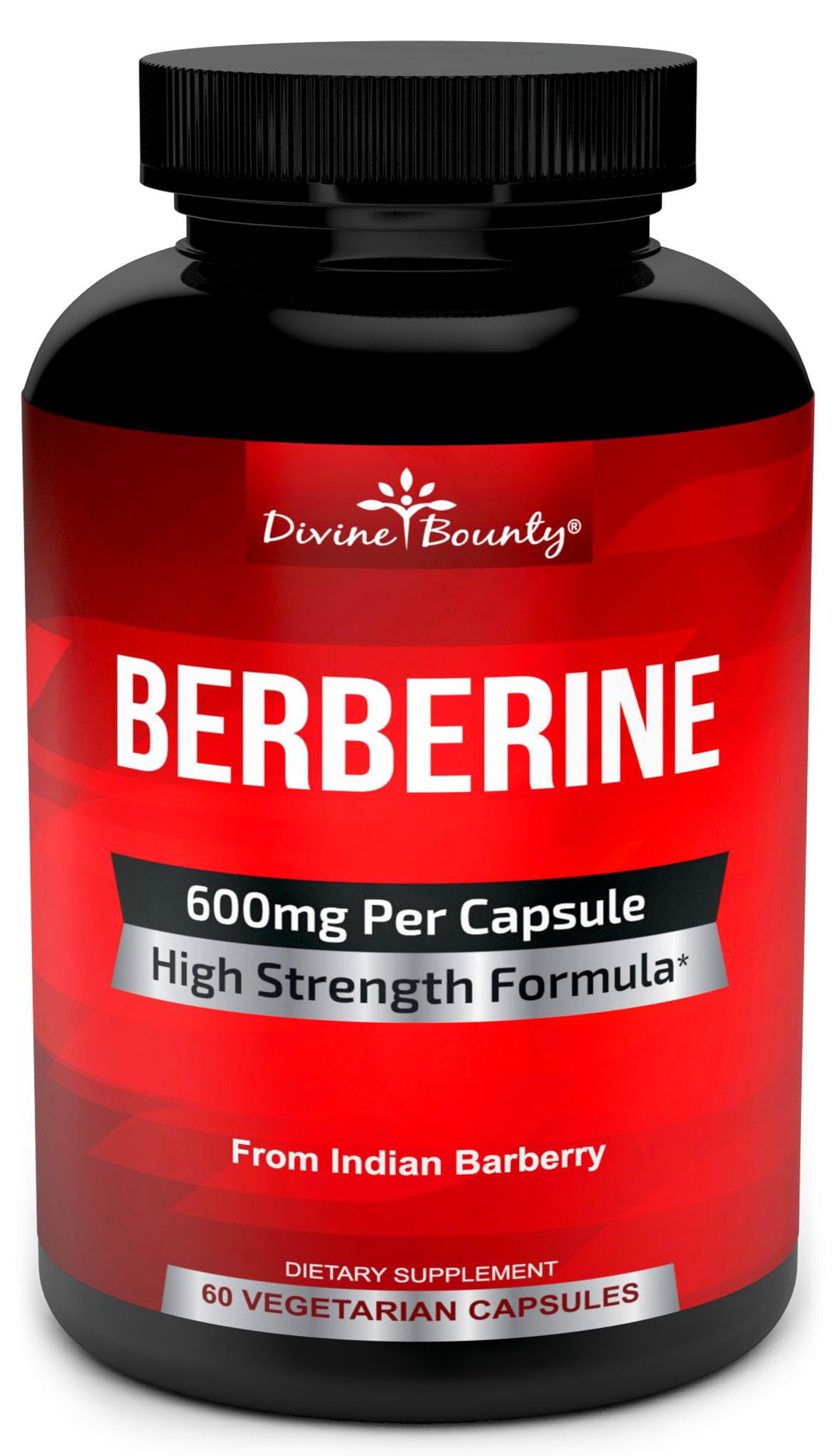 Divine Bounty frasco frontal mostrando etiqueta y beneficio de 600 mg por cápsula