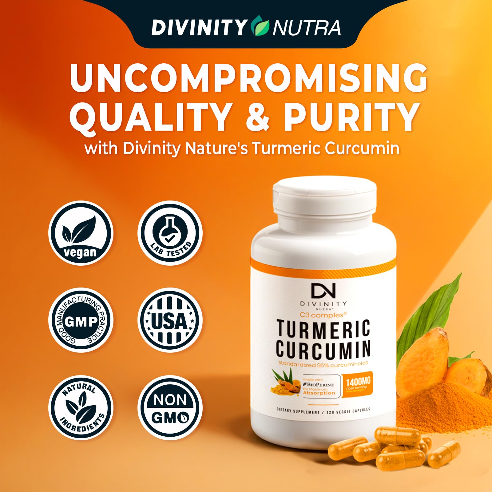Divinity Nutra etiqueta con C3 Complex 95% y BioPerine claramente legible