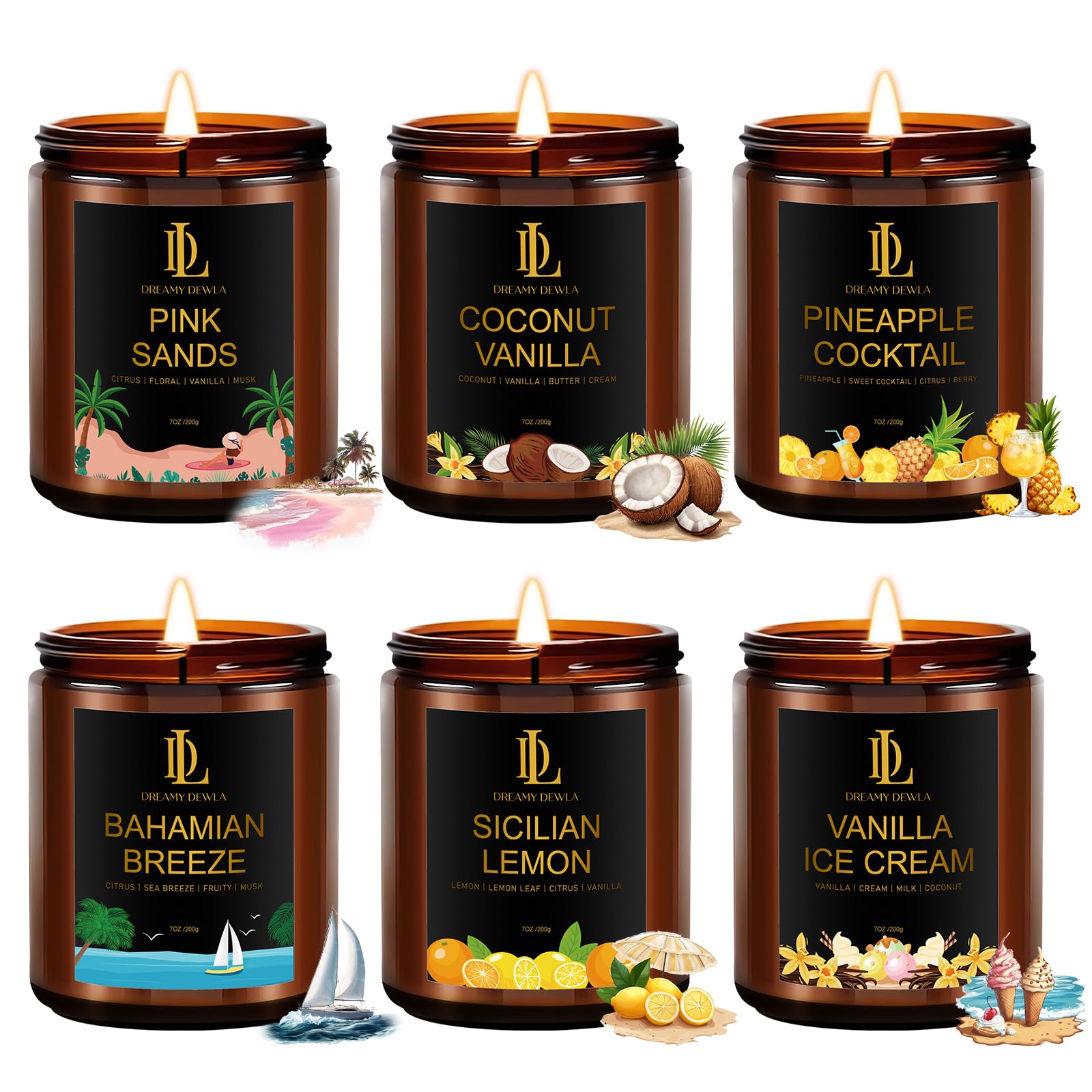 DL DREAMY DEWLA pack frontal mostrando las seis velas y beneficio variedad de aromas