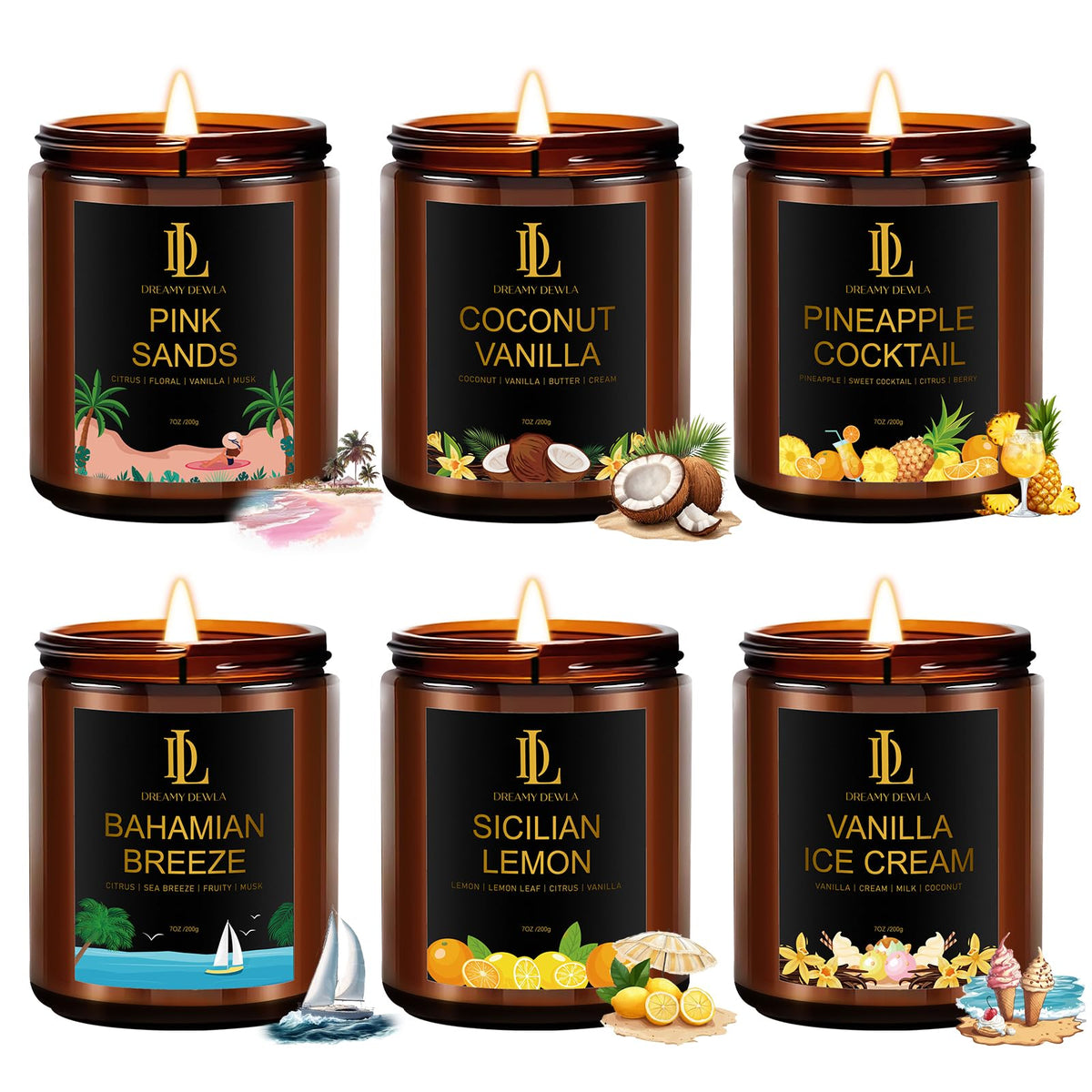 DL DREAMY DEWLA pack frontal mostrando las seis velas y beneficio variedad de aromas