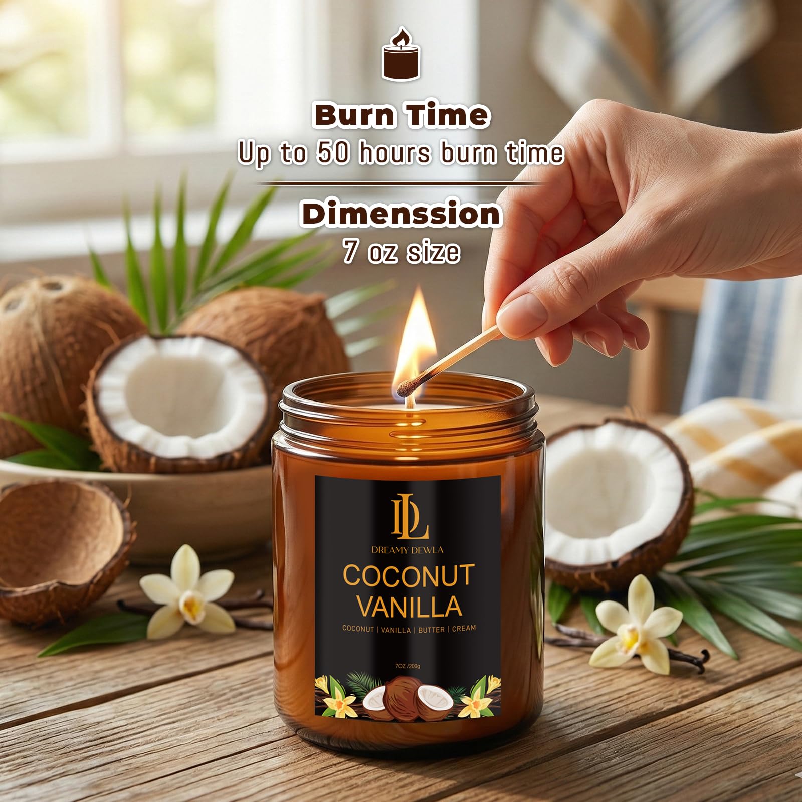 DL DREAMY DEWLA vela Coconut Vanilla textura de cera cremosa que garantiza combustión limpia