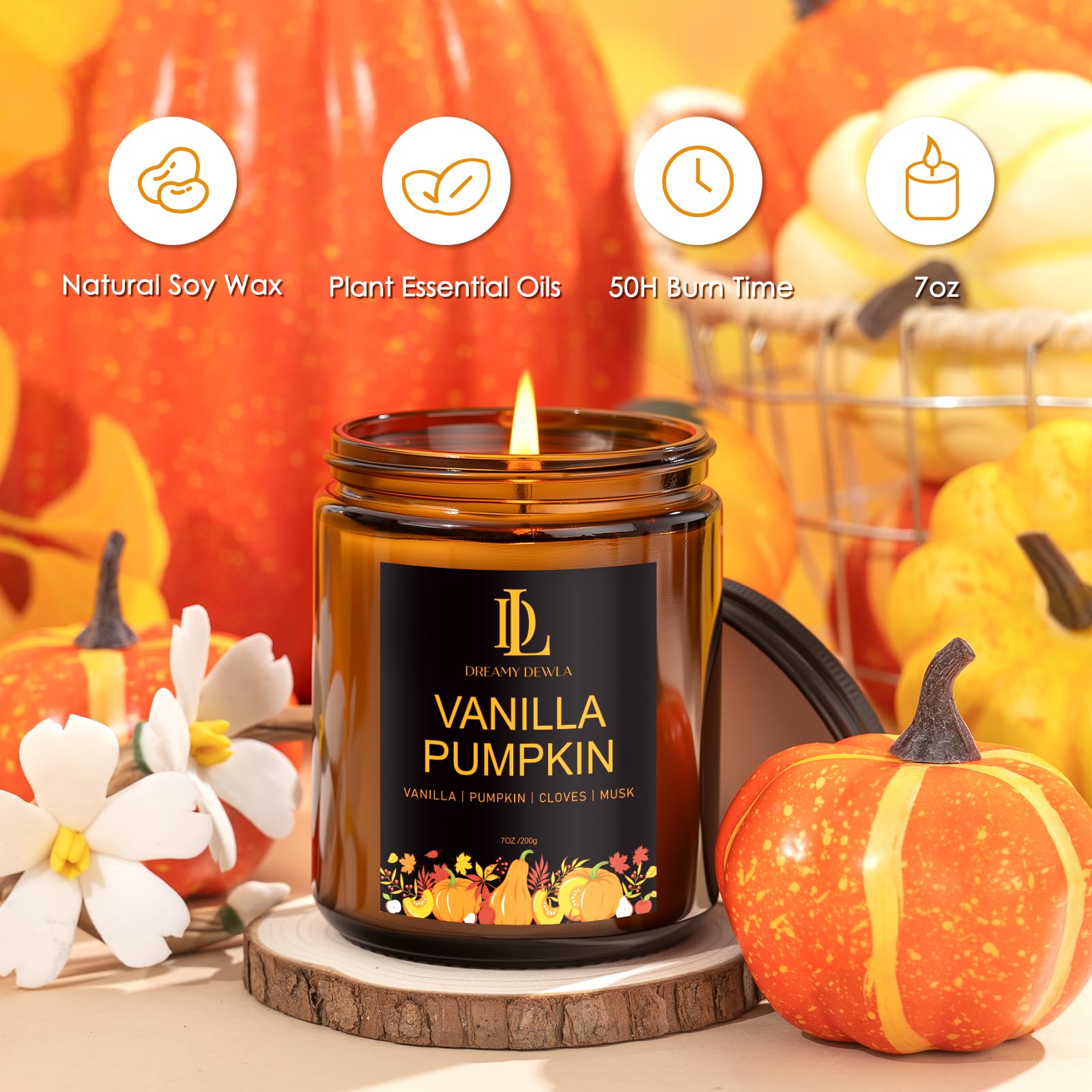 DL DREAMY DEWLA vela encendida en sala, crea ambiente cálido y acogedor