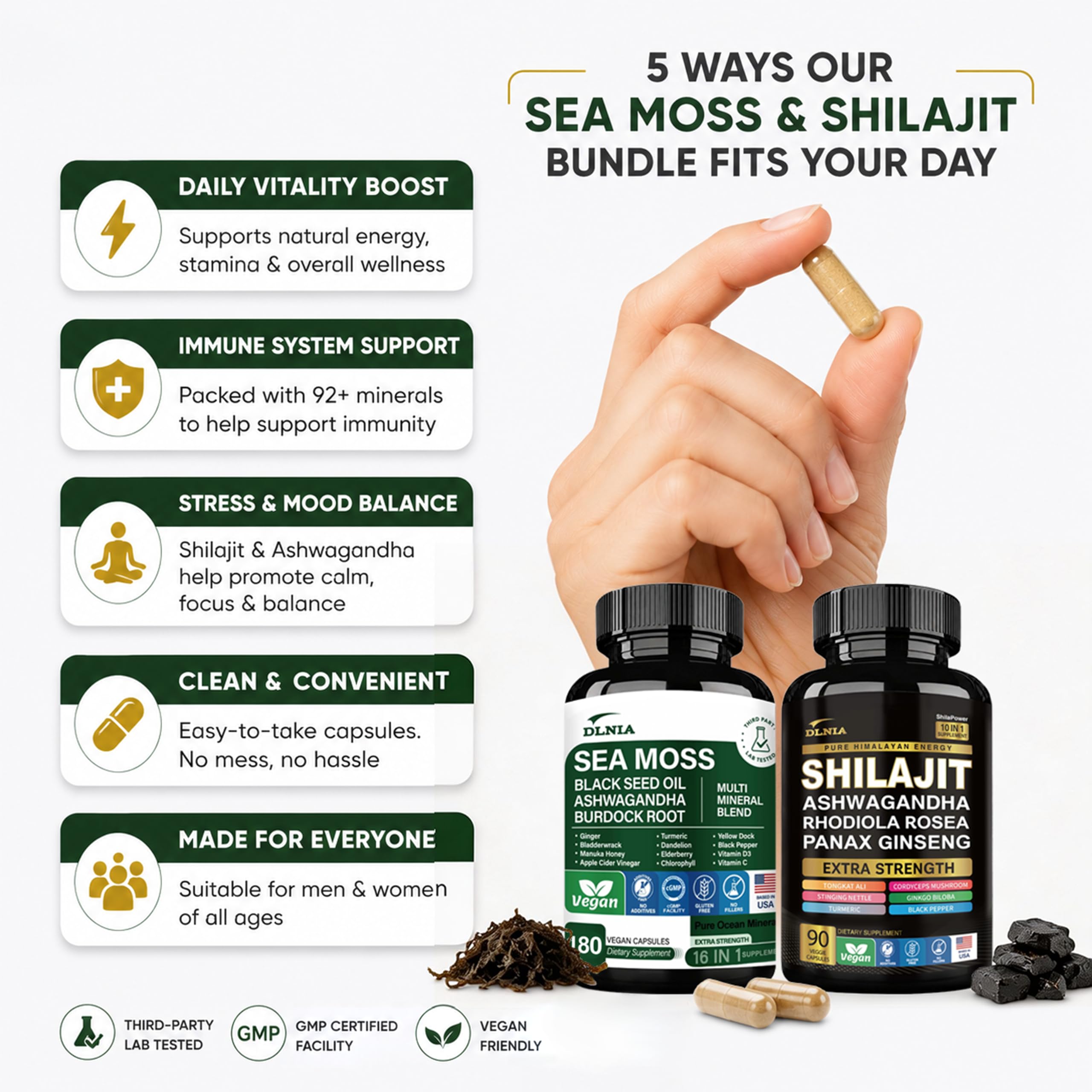 DLNIA frasco de Shilajit con etiqueta clara y beneficios concentrados