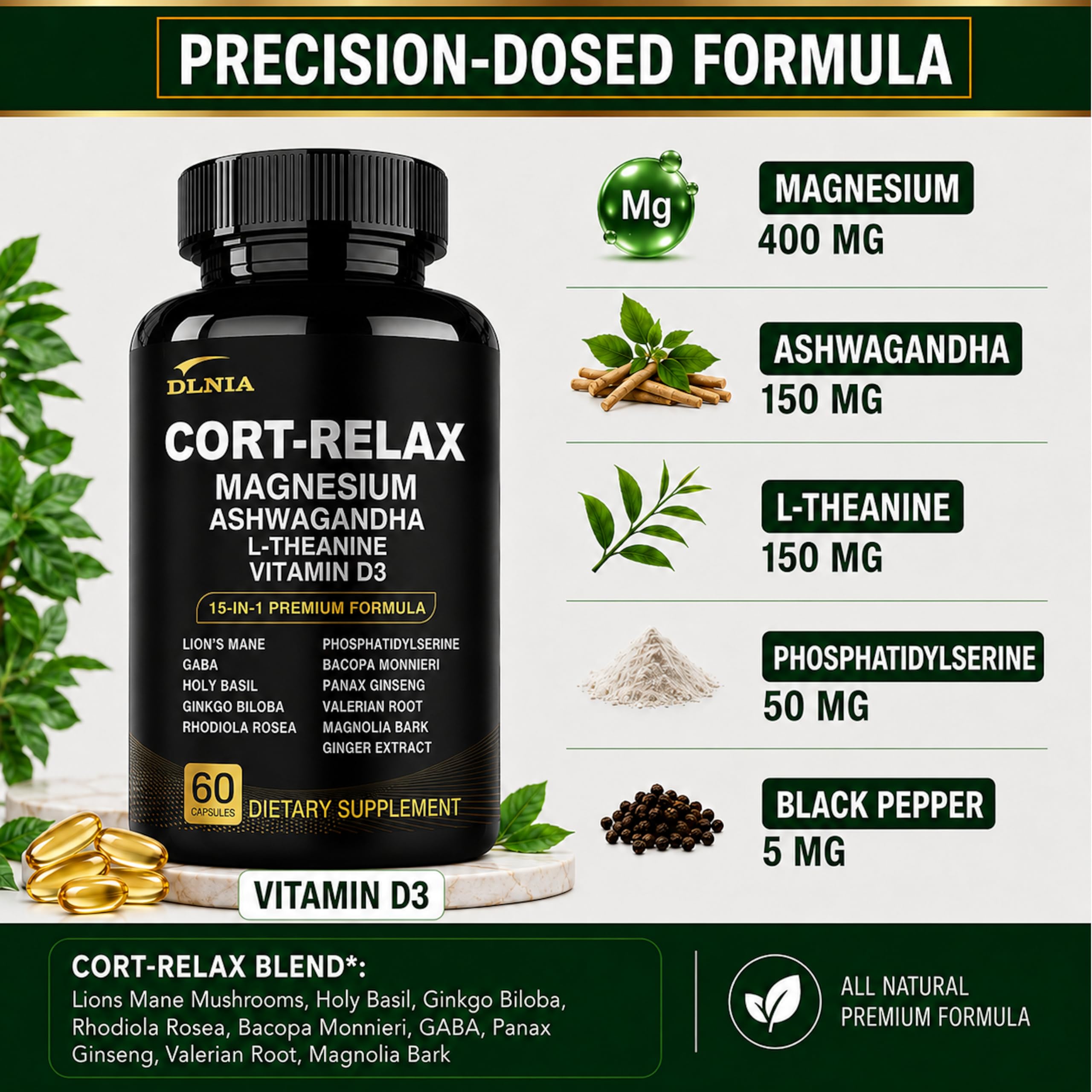 DLNIA cápsulas en primer plano destacando pureza y absorción
