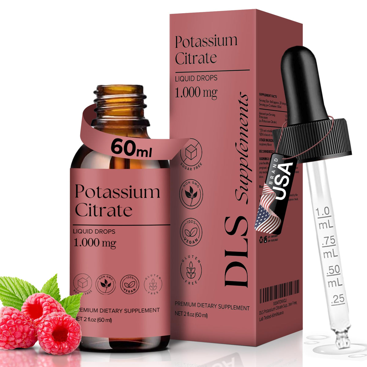 DLS envase frontal de Potassium Citrate mostrando etiqueta y beneficios