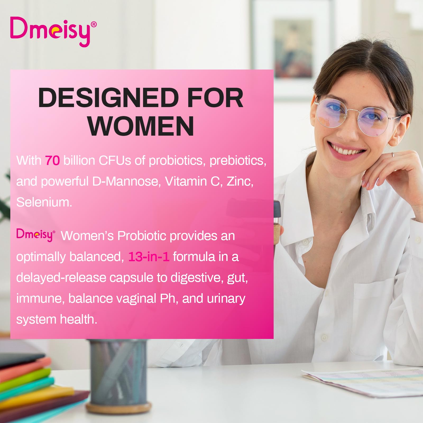 Display de ingredientes orgánicos Dmeisy resaltando prebióticos y probióticos