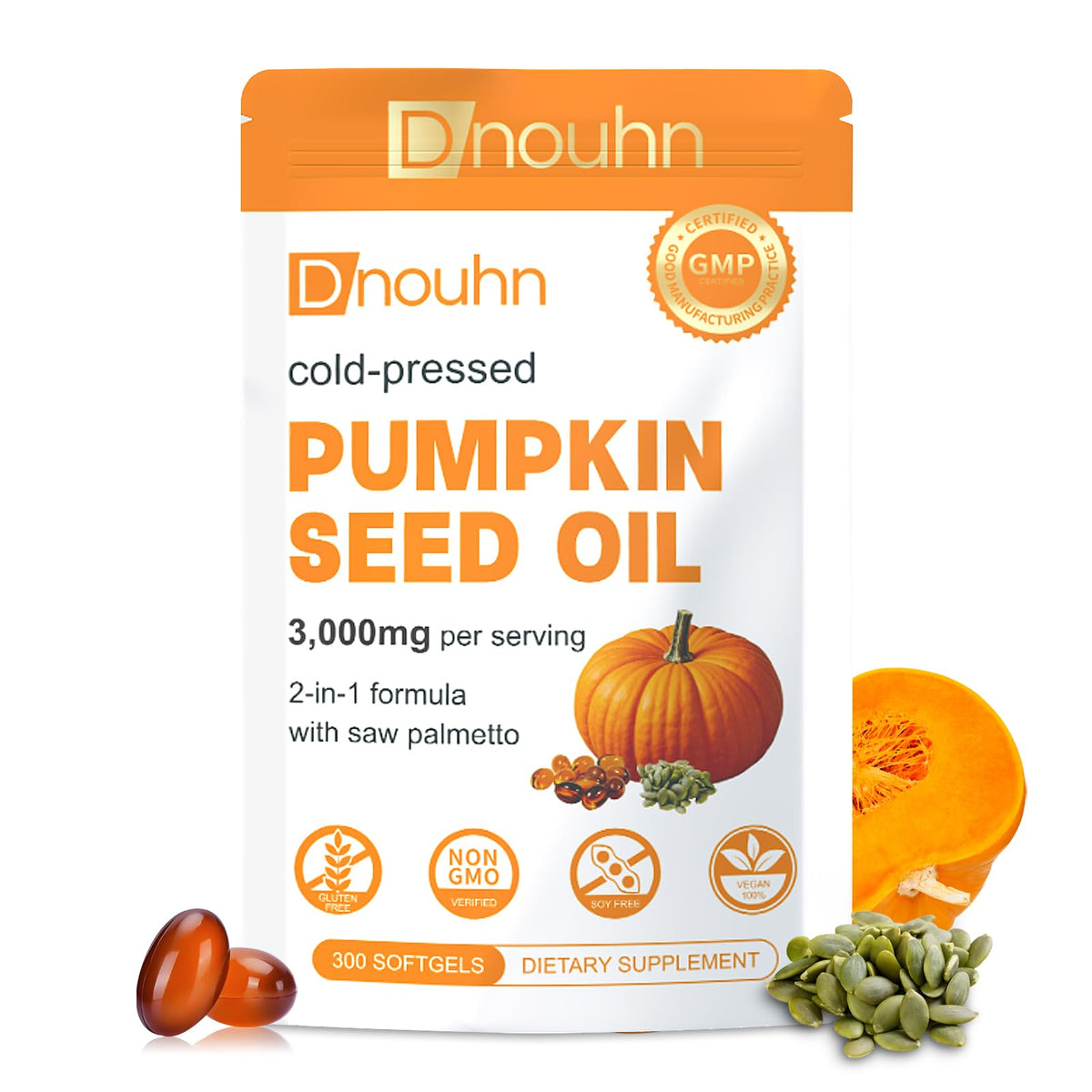 DNOUHN frasco del producto mostrando 300 softgels y claridad de etiqueta