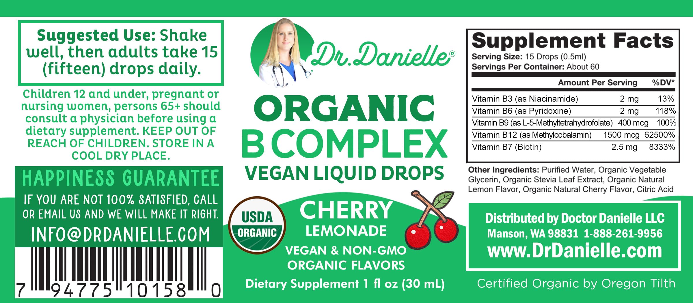 Doctor Danielle etiqueta con lista de ingredientes orgánicos y formas de vitamina B