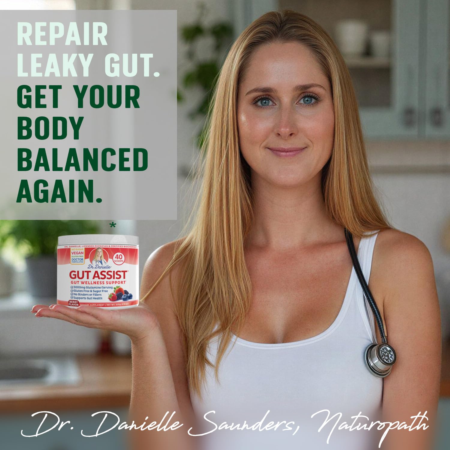 Doctor Danielle vaso con Gut Assist disuelto mostrando mezcla lista y conveniente