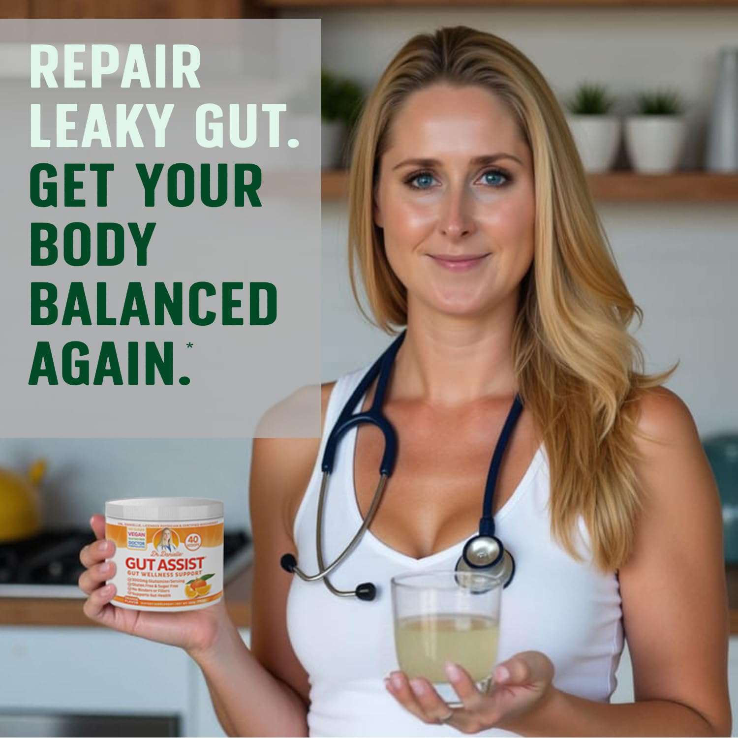 Doctor Danielle polvo Gut Assist disuelto en vaso para consumo y confort