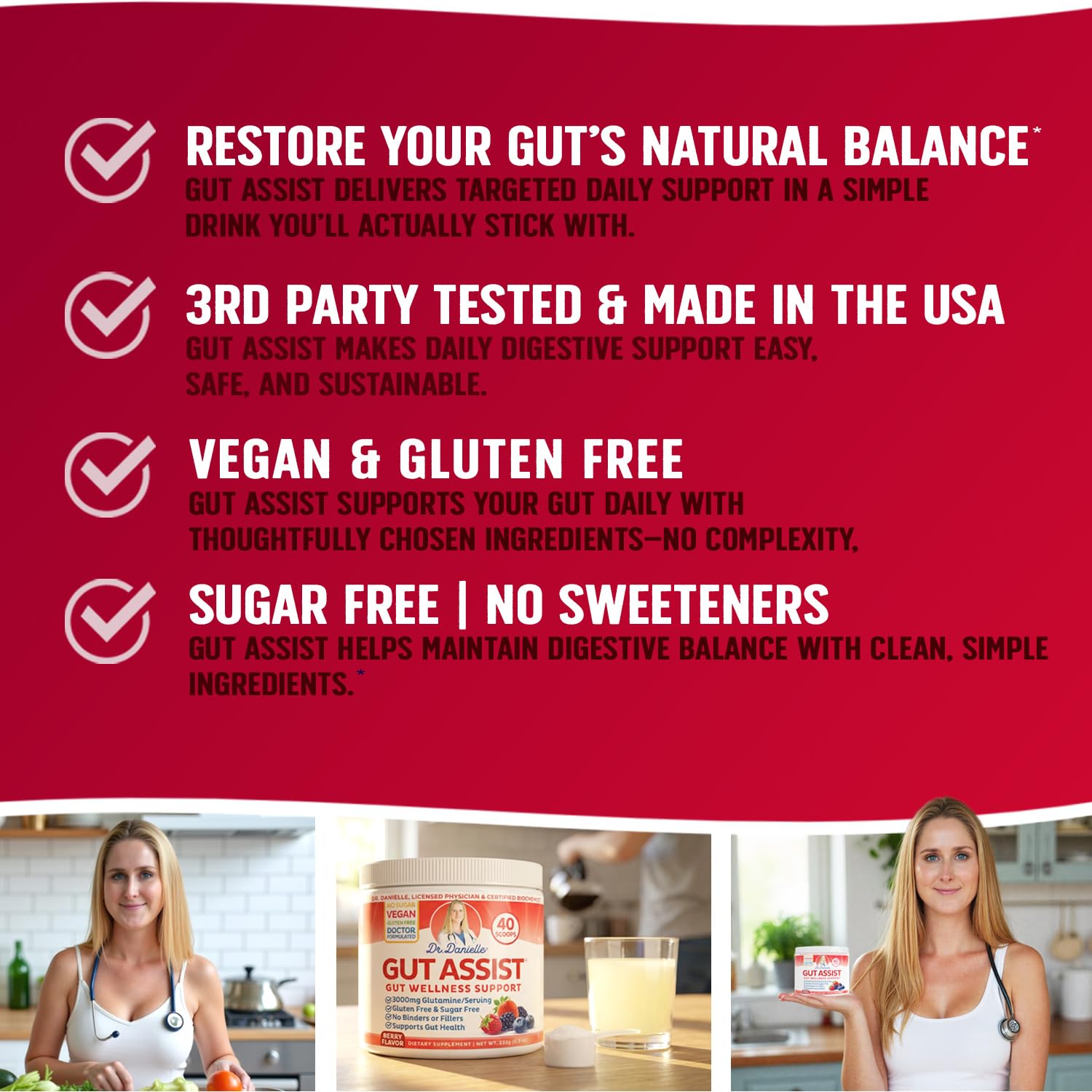 Doctor Danielle etiqueta de Gut Assist con lista de ingredientes y beneficios claros