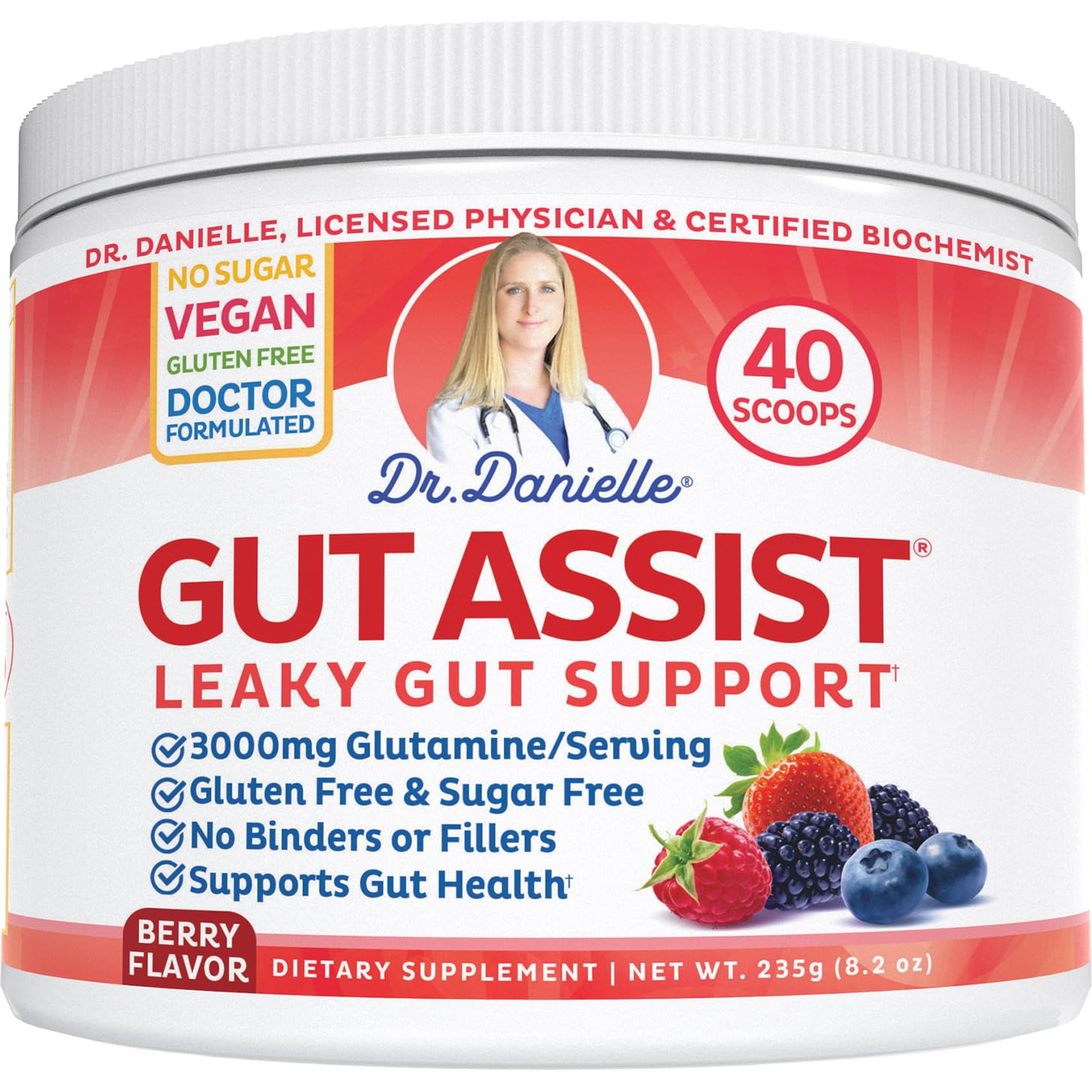 Doctor Danielle frasco Gut Assist al frente mostrando diseño y sabor berry para confianza