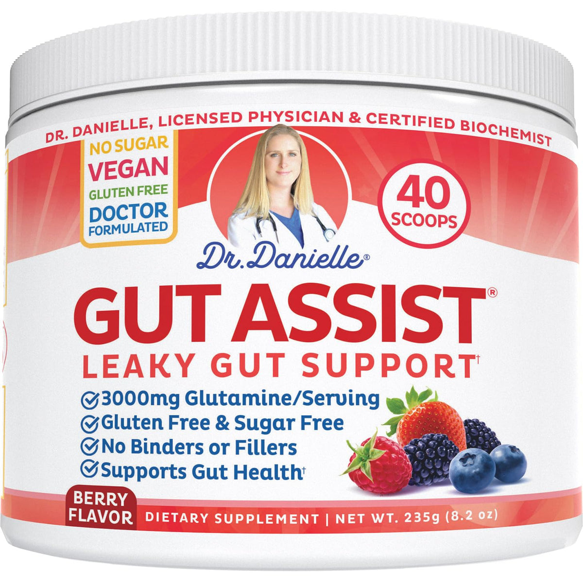Doctor Danielle frasco Gut Assist al frente mostrando diseño y sabor berry para confianza