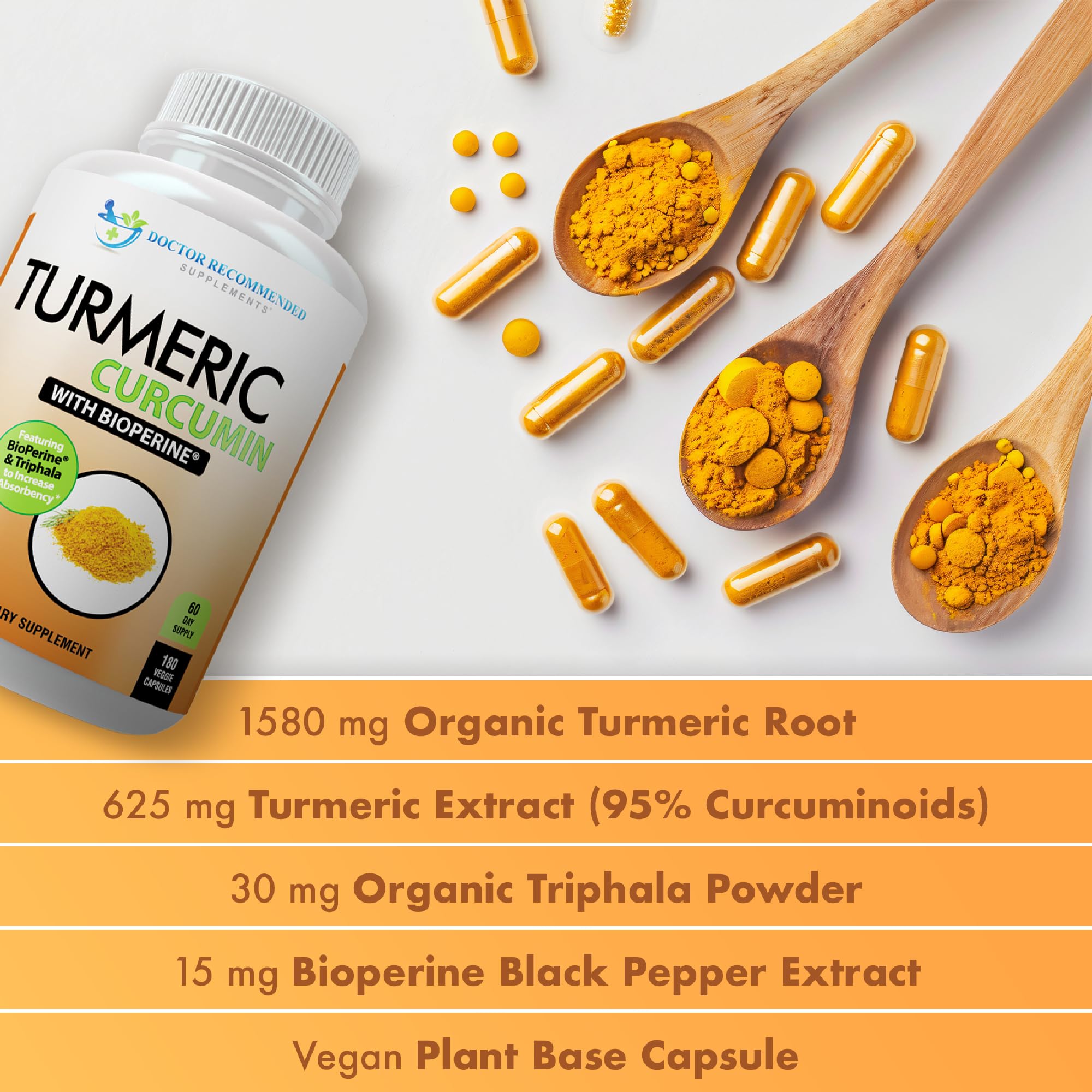 DOCTOR RECOMMENDED SUPPLEMENTS etiqueta nutricional clara y detalle de curcuminoides