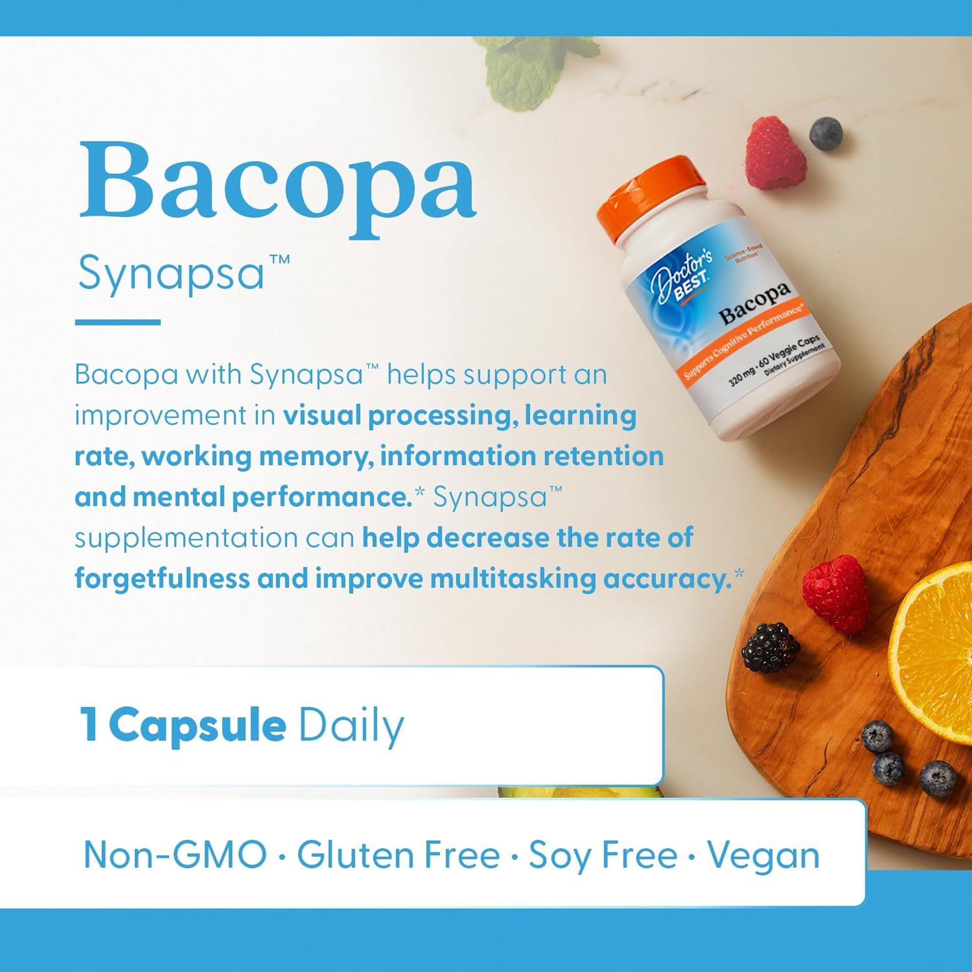 Primer plano etiqueta Doctor's BEST Bacopa con información de ingredientes clave