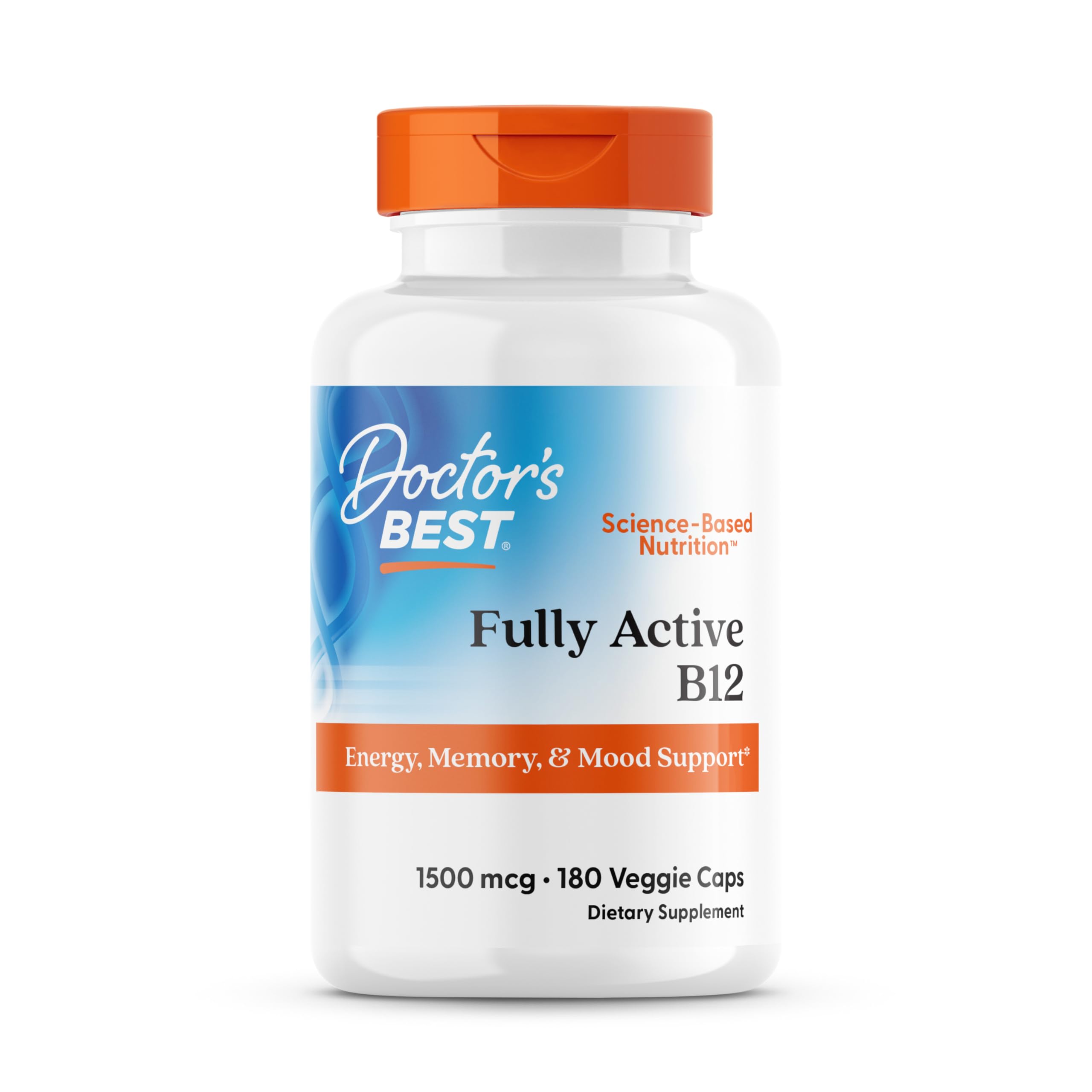 Doctor's Best botella frontal mostrando las 180 cápsulas veganas y beneficios claros