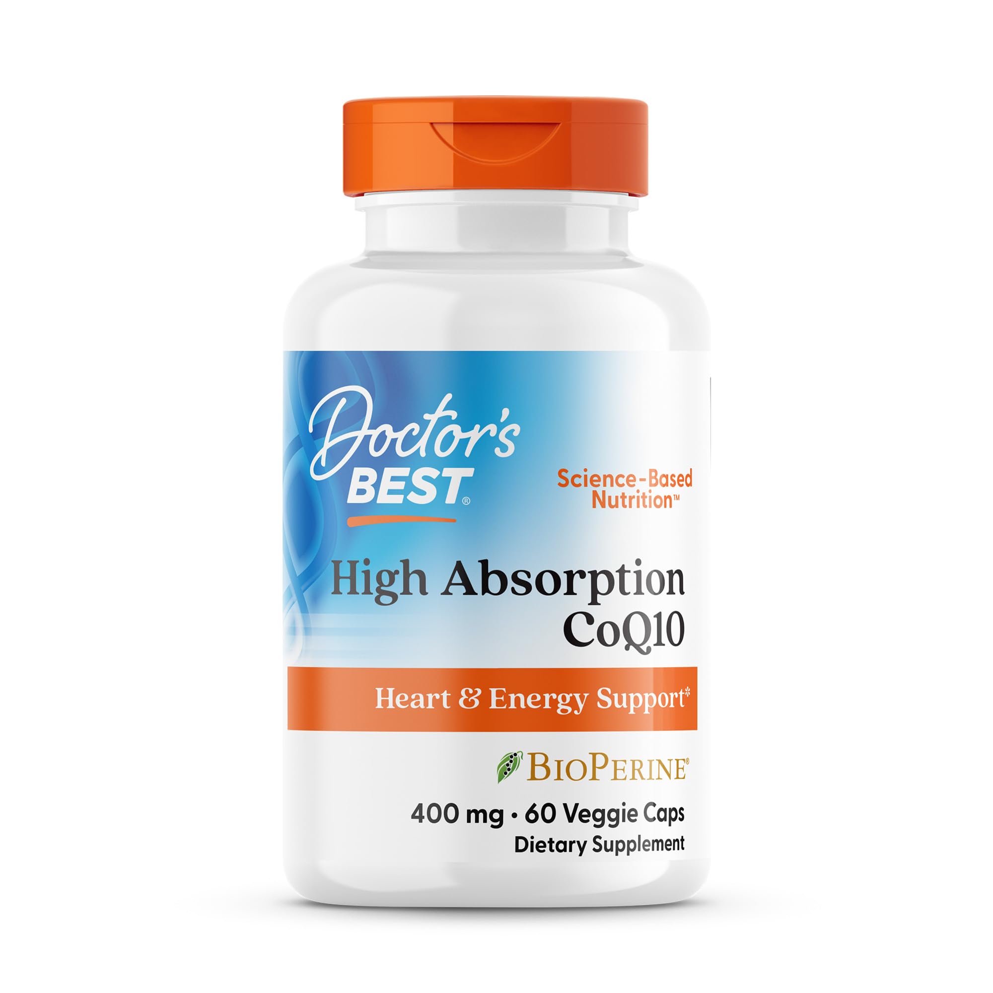 Doctor's BEST envase frontal de CoQ10 mostrando el beneficio de alta absorción