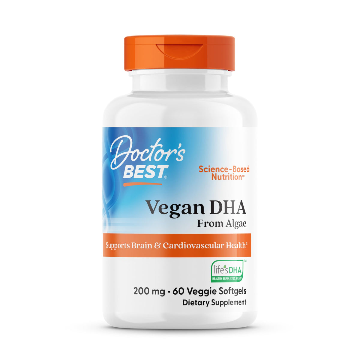 Doctor's BEST envase frontal de Vegan DHA mostrando etiqueta y beneficios
