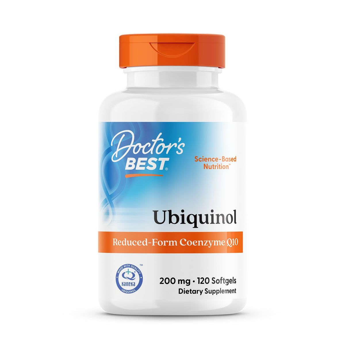 Doctor's BEST frasco frontal Kaneka Ubiquinol mostrando presentación y claridad