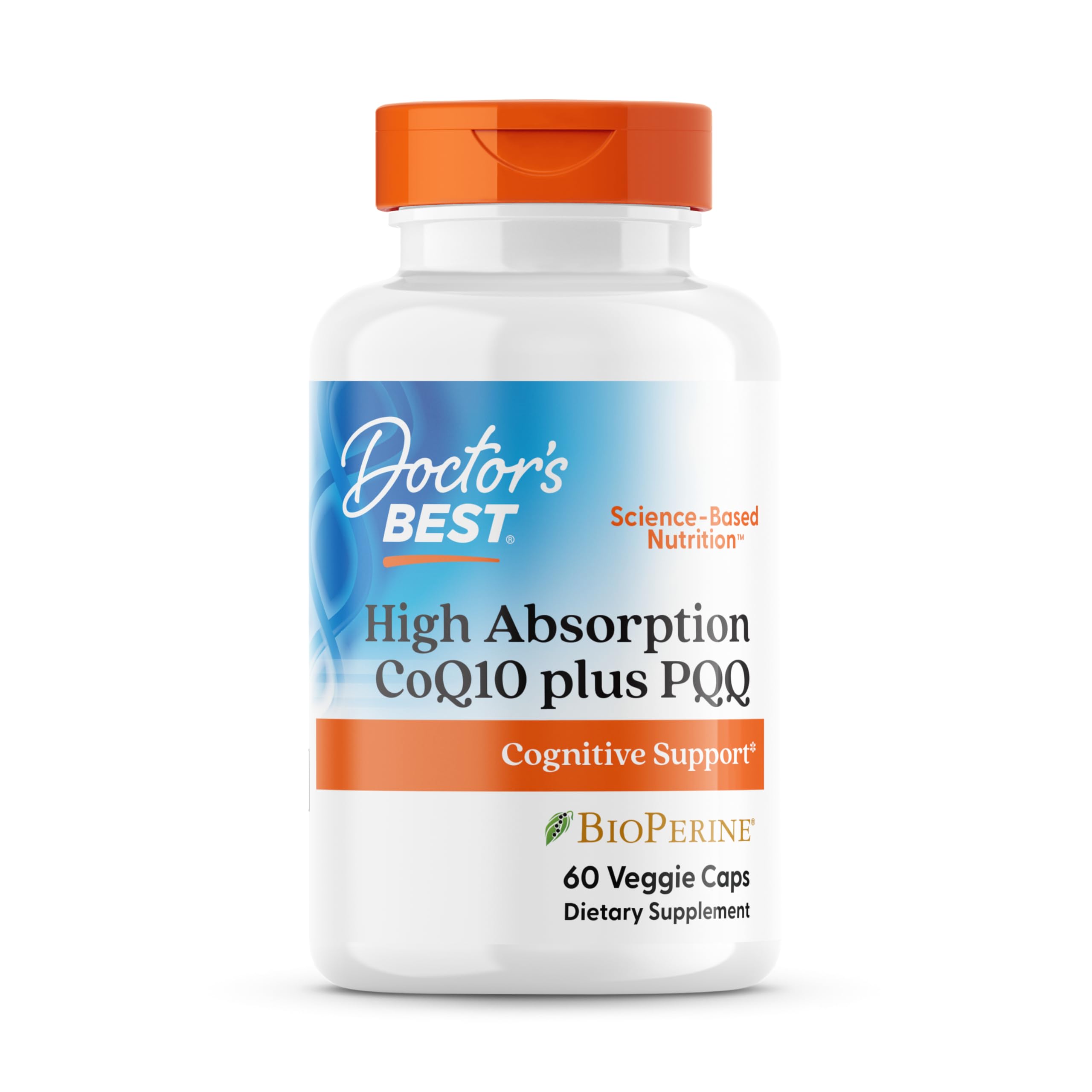 Doctor's BEST envase frontal del producto mostrando CoQ10 y PQQ, beneficio de claridad informativa