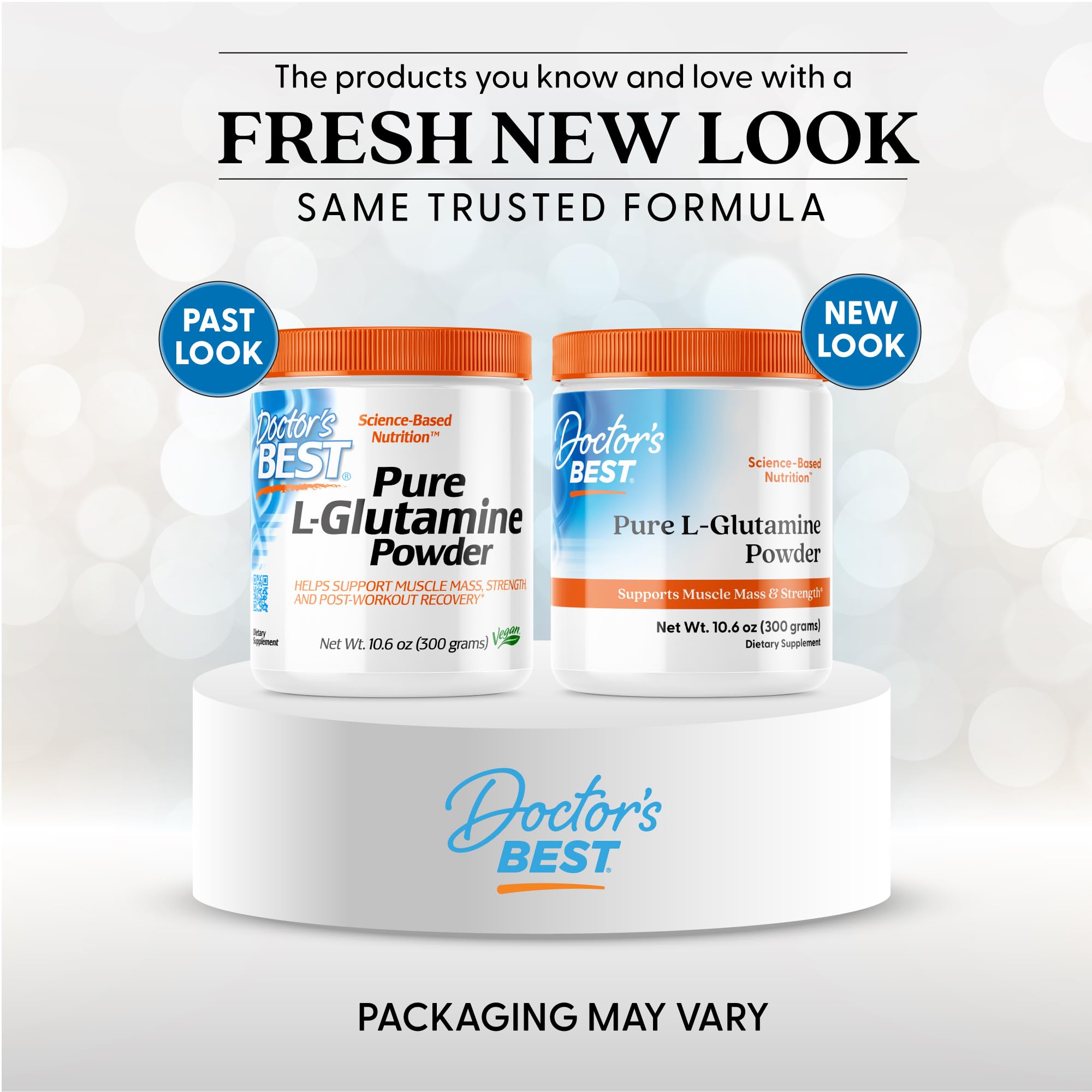 Doctor's BEST primer plano del polvo de L‑glutamina mostrando textura fina y mezcla fácil