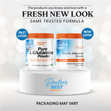 Doctor's BEST primer plano del polvo de L‑glutamina mostrando textura fina y mezcla fácil