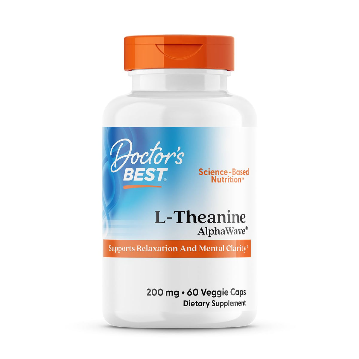 Doctor's Best frasco frontal y etiqueta clara que informa beneficios de calma