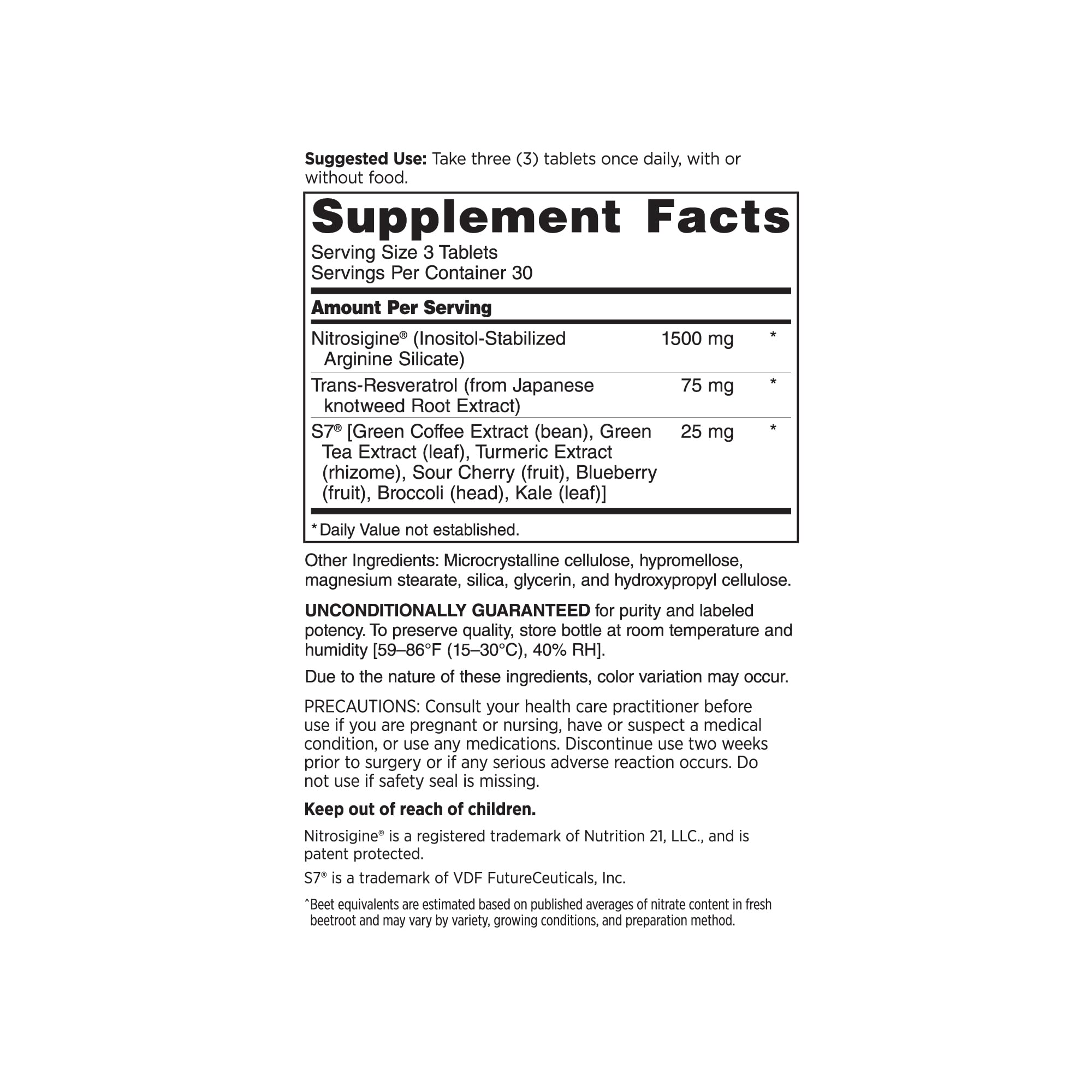 DOCTORS' PREFERRED etiqueta con Nitrosigine S7 resveratrol visible