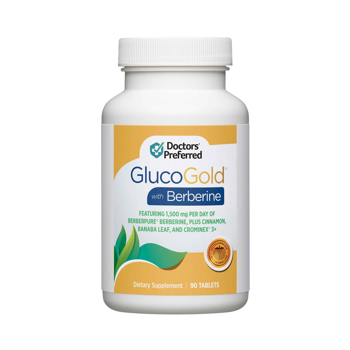 DOCTORS' PREFERRED frasco GlucoGold al frente mostrando etiqueta y beneficio de dosis clínicamente usadas
