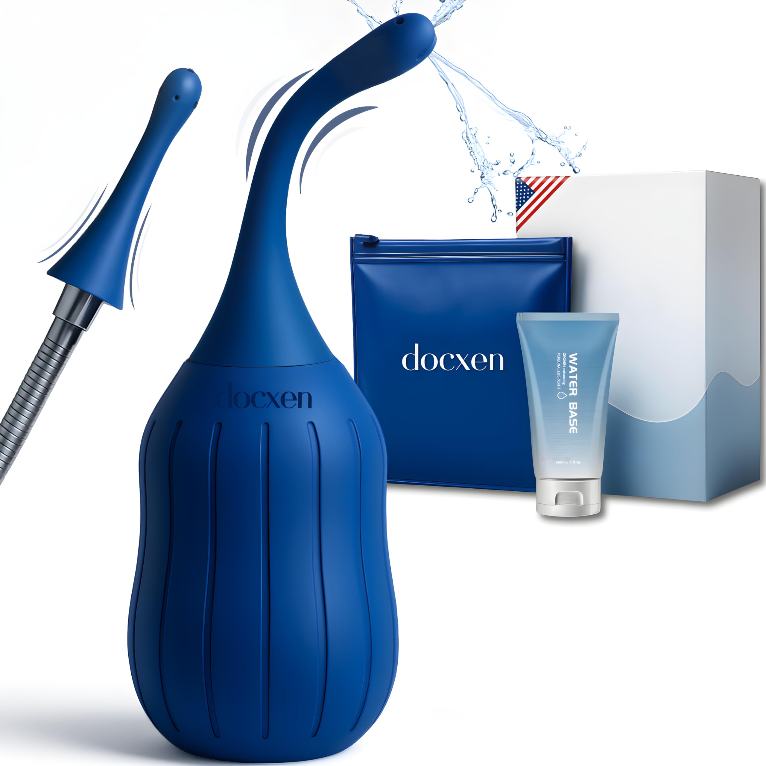 Docxen vista frontal del kit enema con pera y boquilla para limpieza cómoda