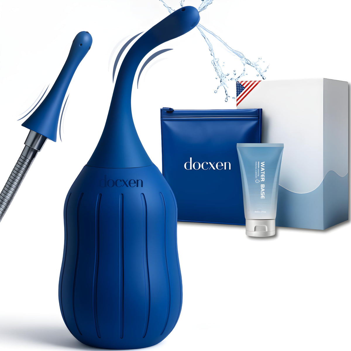 Docxen vista frontal del kit enema con pera y boquilla para limpieza cómoda