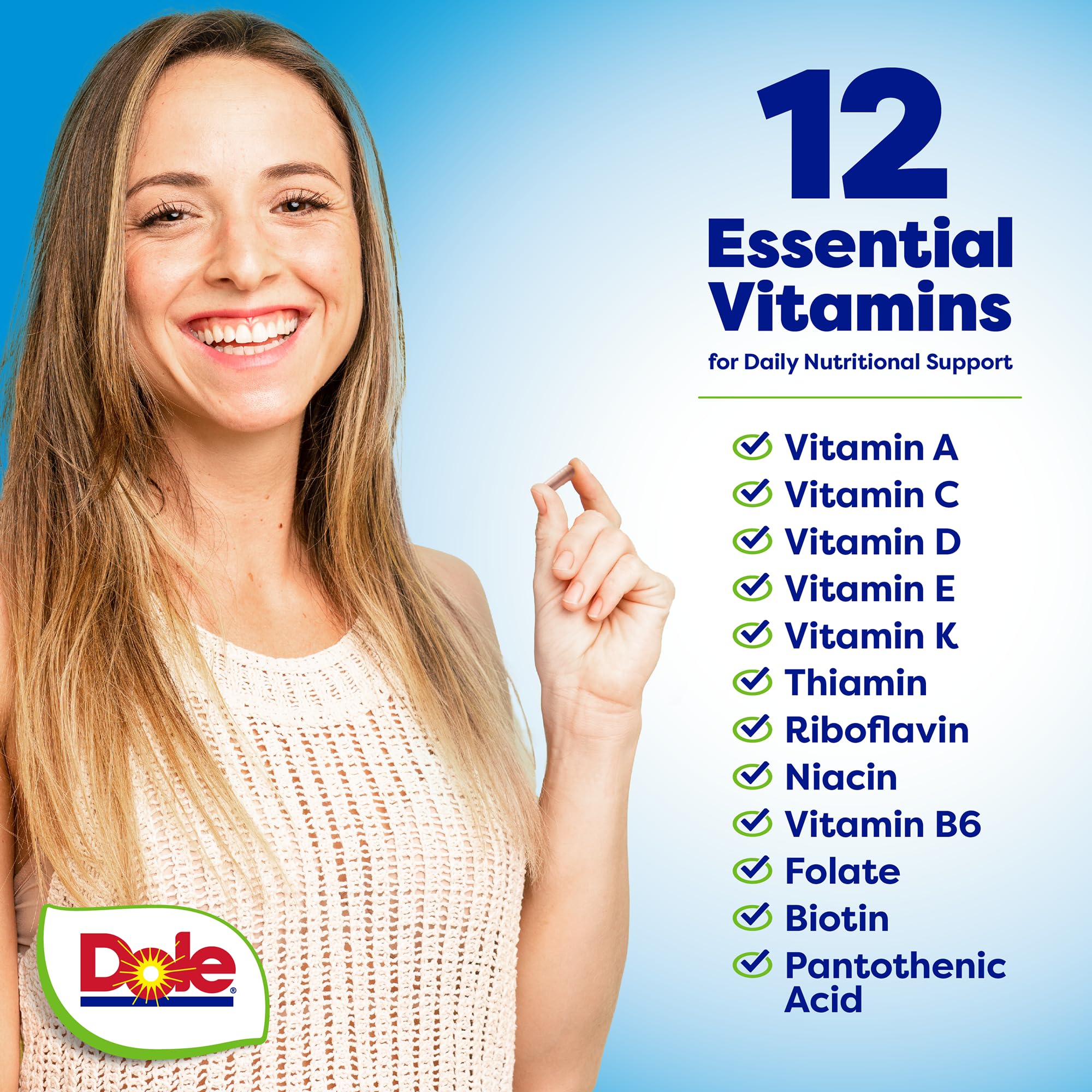 Dole cápsulas en mano mostrando tamaño y facilidad de ingestión