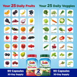 Dole gran variedad de frutas y verduras en disposición para mostrar origen