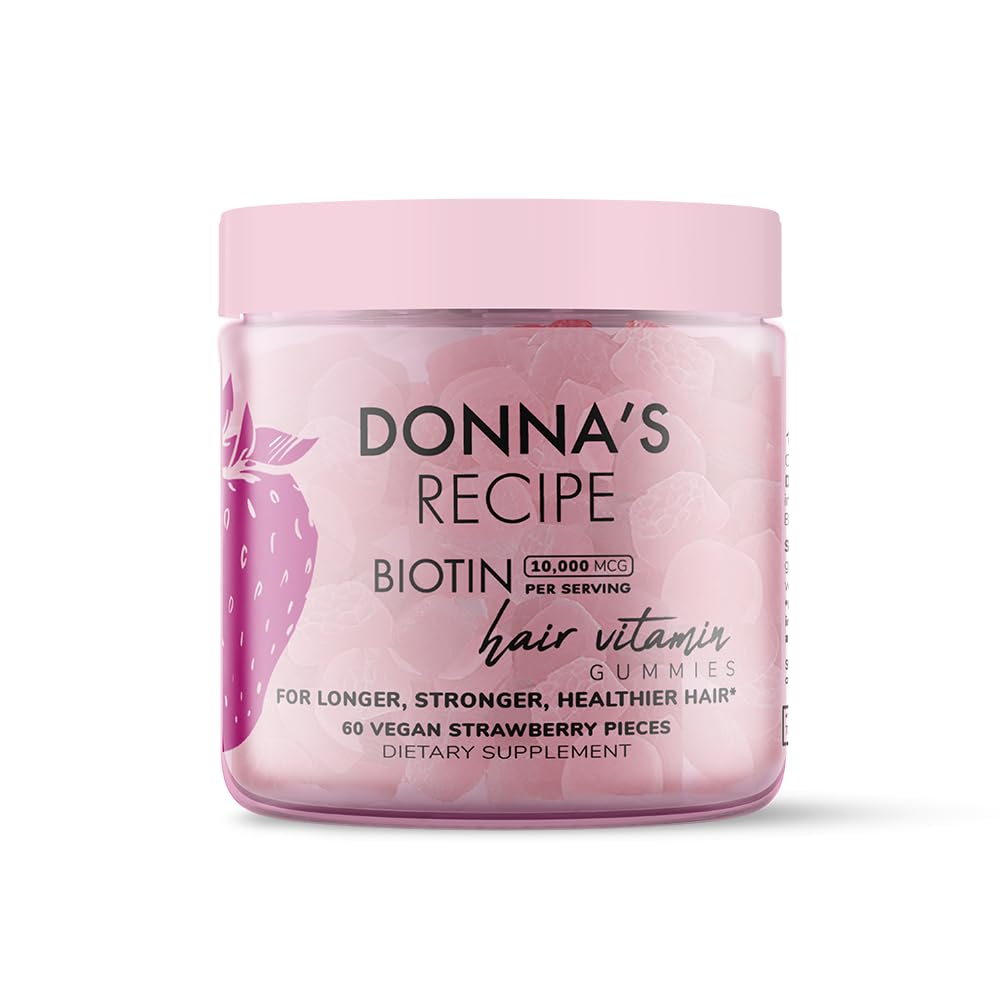 Donna's Recipe frasco frontal que muestra biotina 10,000 mcg y beneficios
