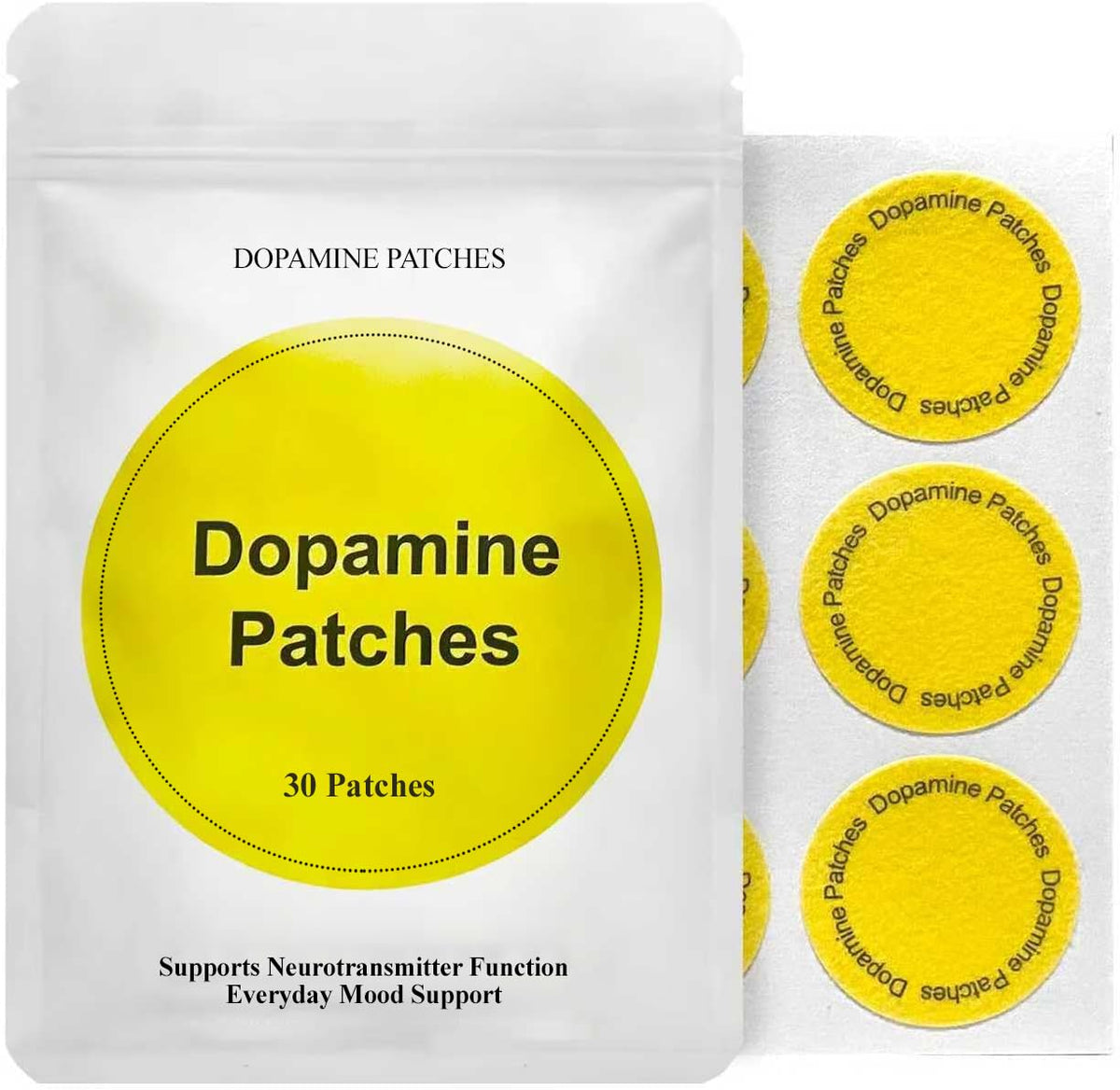 Generic Dopamine Patches frontal del empaque mostrando 30 parches y beneficio práctico