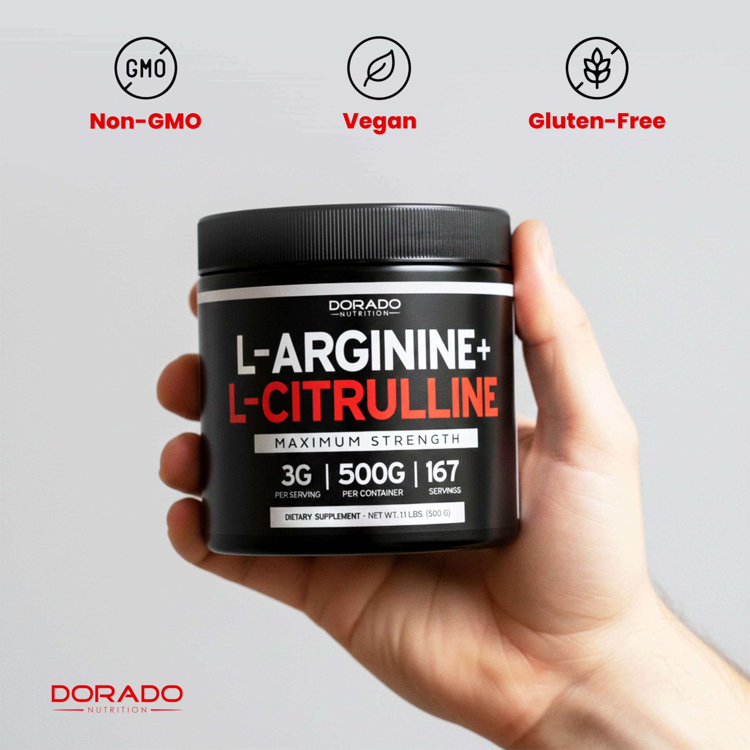 DORADO NUTRITION frasco junto a mano para comparar tamaño real