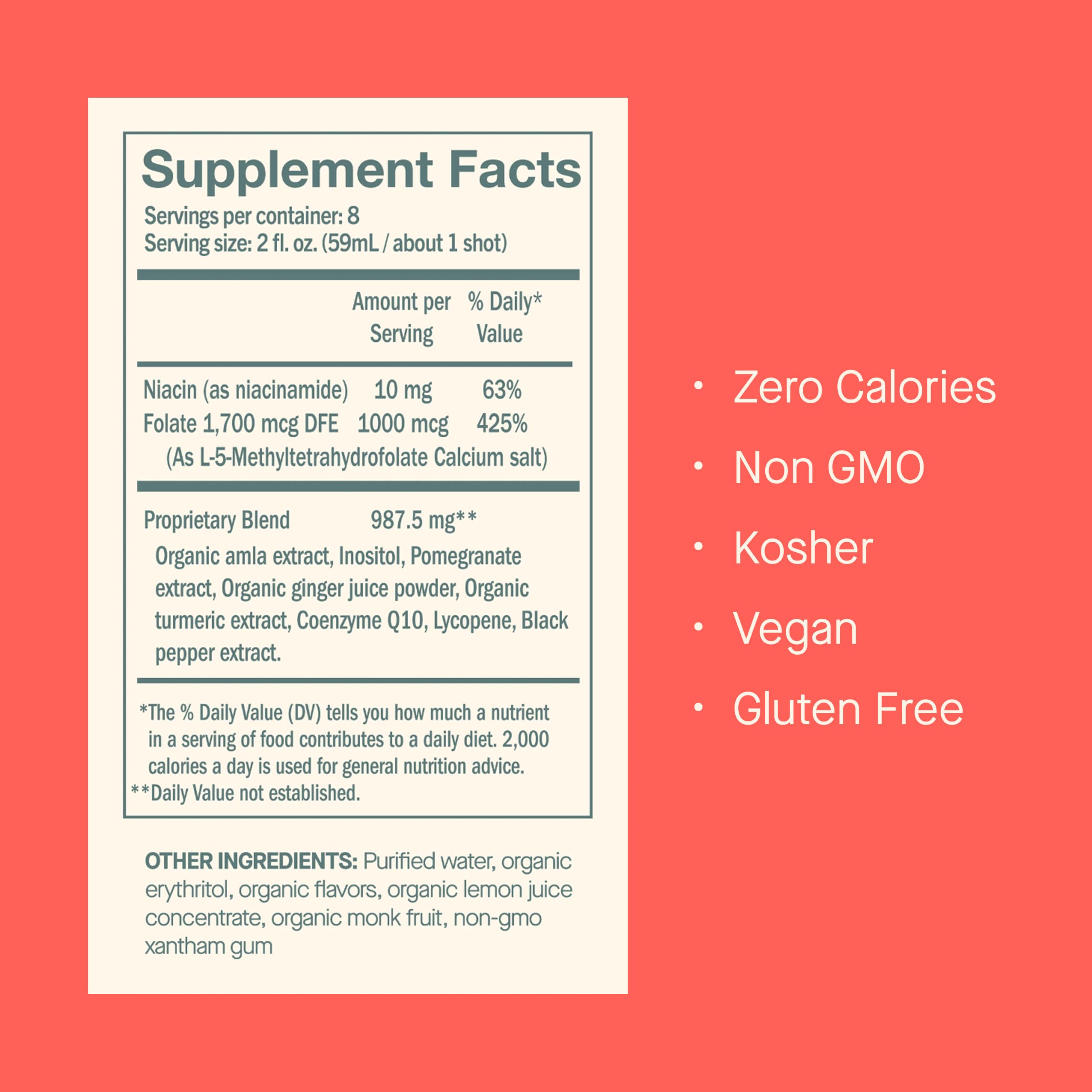 DOSE etiqueta con lista de ingredientes y beneficios de los extractos