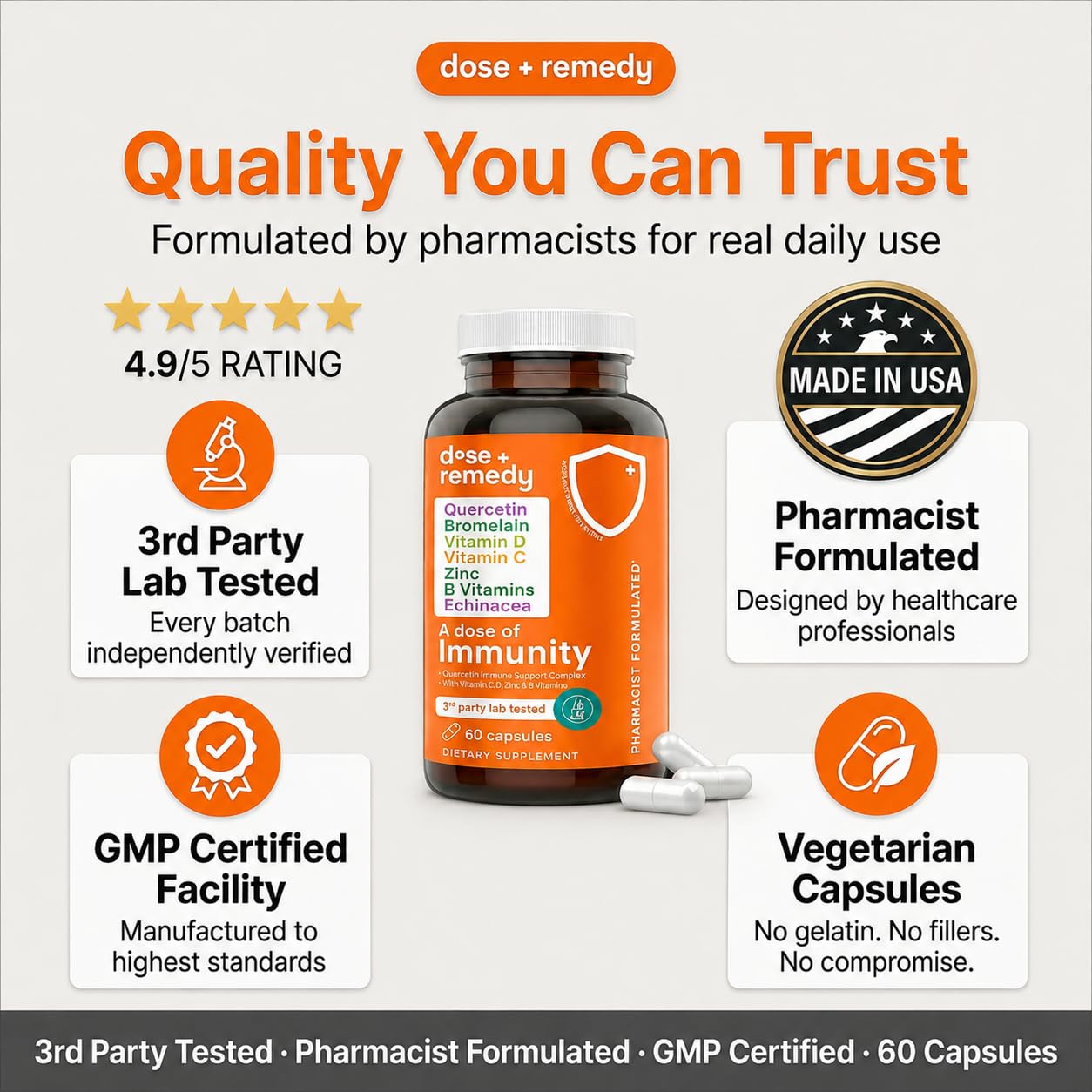 dose + remedy etiqueta nutricional en primer plano con información de dosificación clara