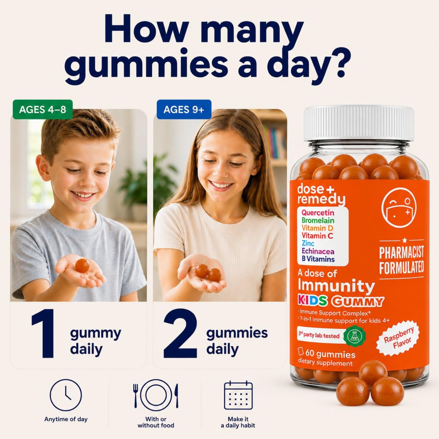 dose + remedy mano de adulto dosificando gomita para niño con seguridad