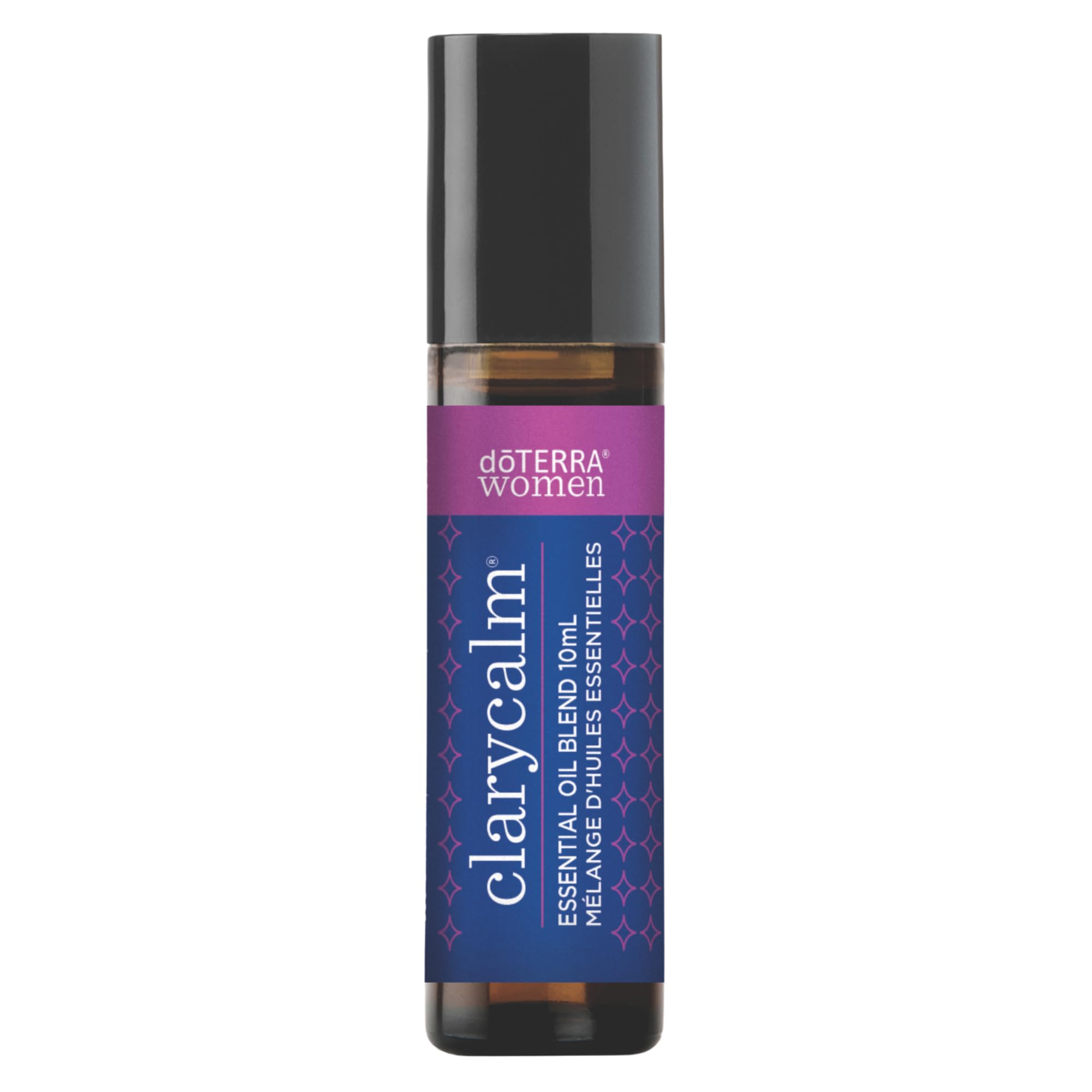 doTERRA Clary Calm botella frontal con diseño claro y beneficios aromáticos