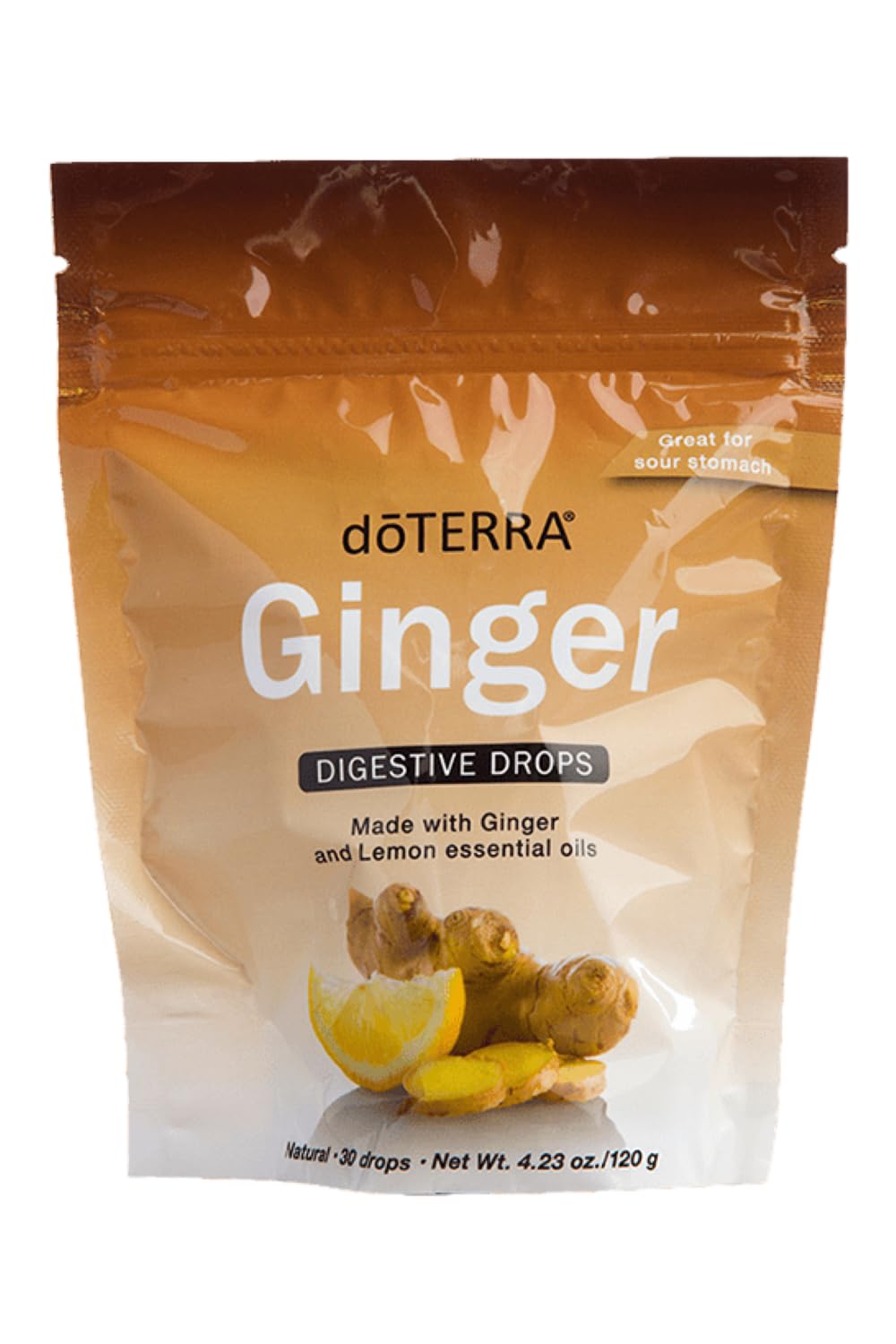 doTERRA empaque frontal de Ginger Drops mostrando diseño y beneficio portátil
