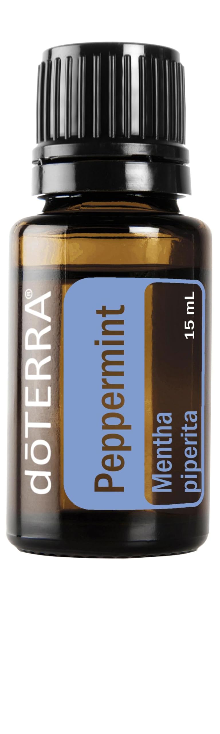 doTERRA botella frontal de Peppermint 15 ml mostrando diseño y tamaño portátil