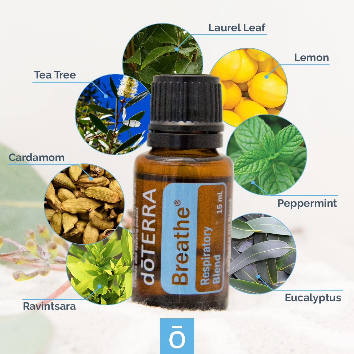 doTERRA etiqueta Breathe en detalle mostrando ingredientes clave