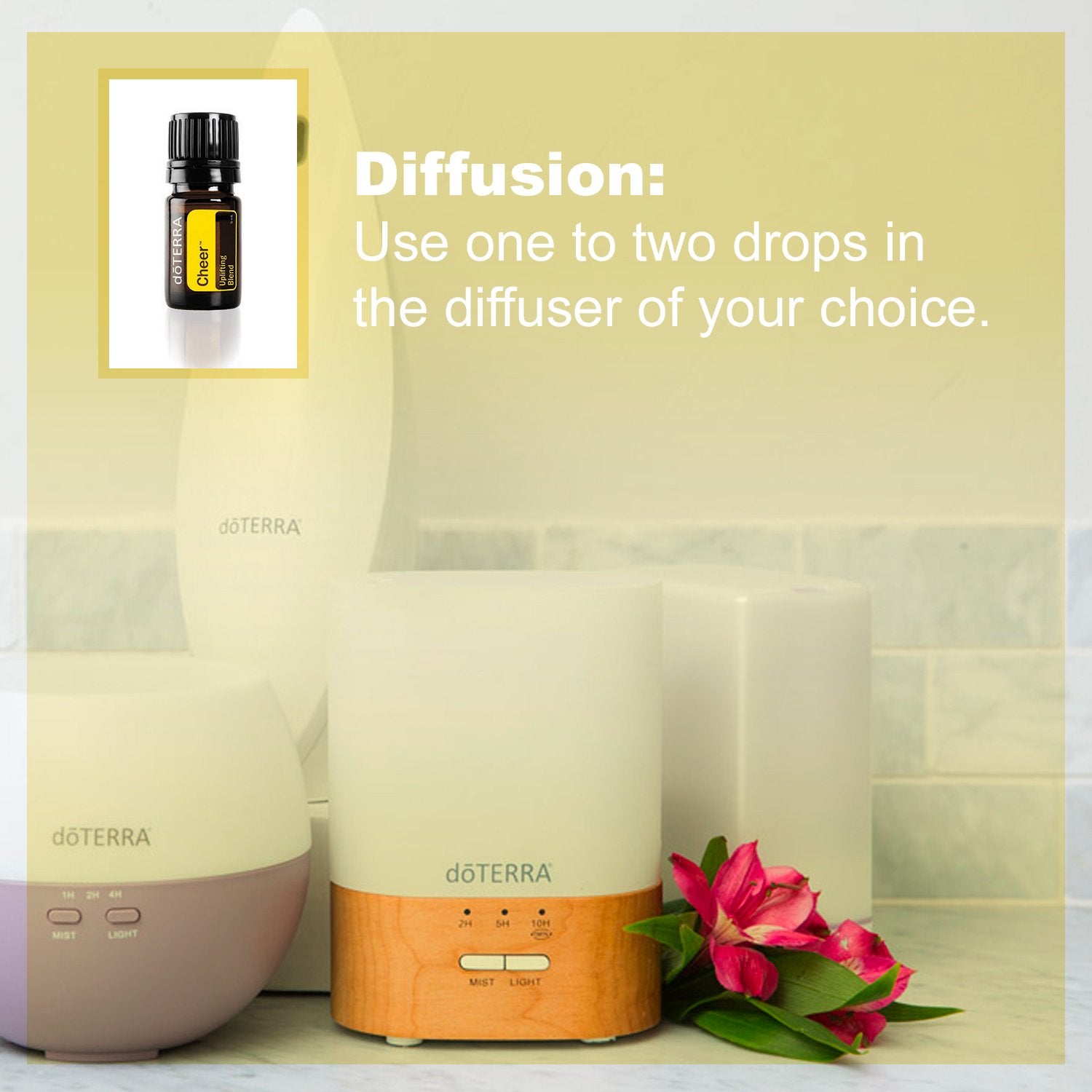 doTERRA difusor con Cheer emitiendo aroma, ambienta espacios con frescura