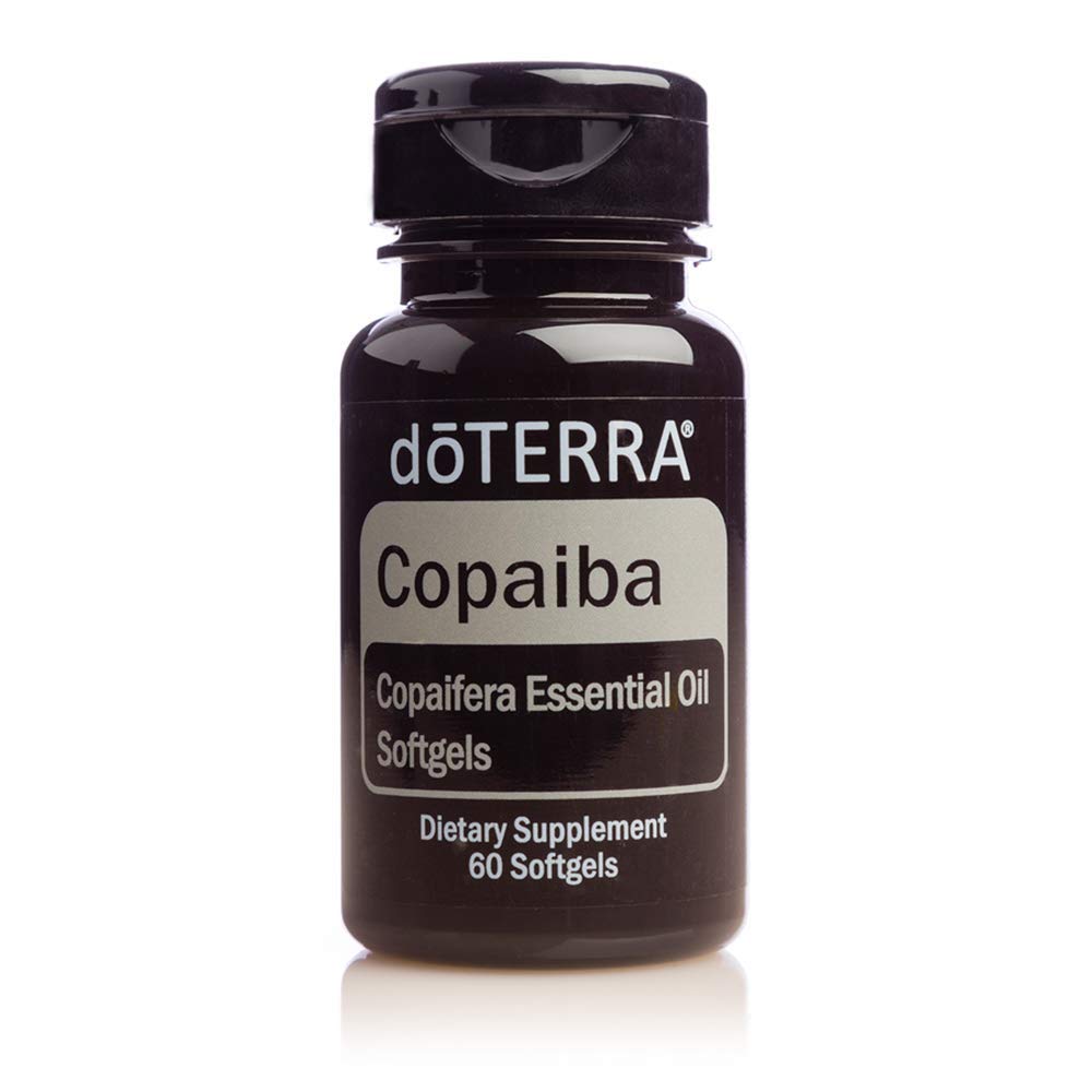 doTERRA copaiba softgels frasco frontal mostrando cápsulas y beneficios