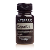 doTERRA copaiba softgels frasco frontal mostrando cápsulas y beneficios