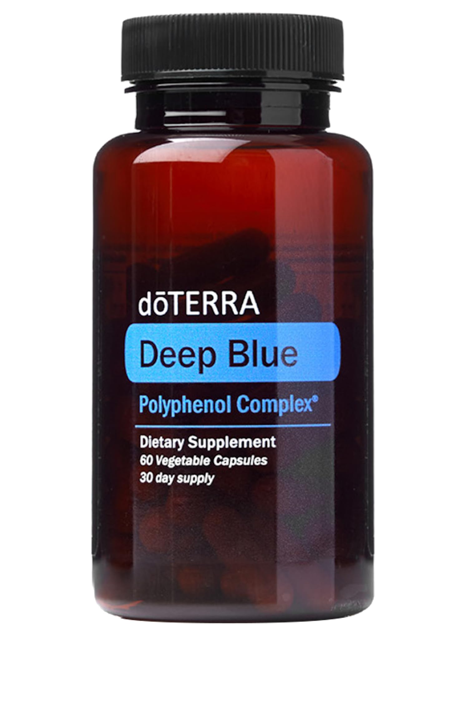 doTERRA botella Deep Blue Polyphenol Complex frente muestra conveniencia